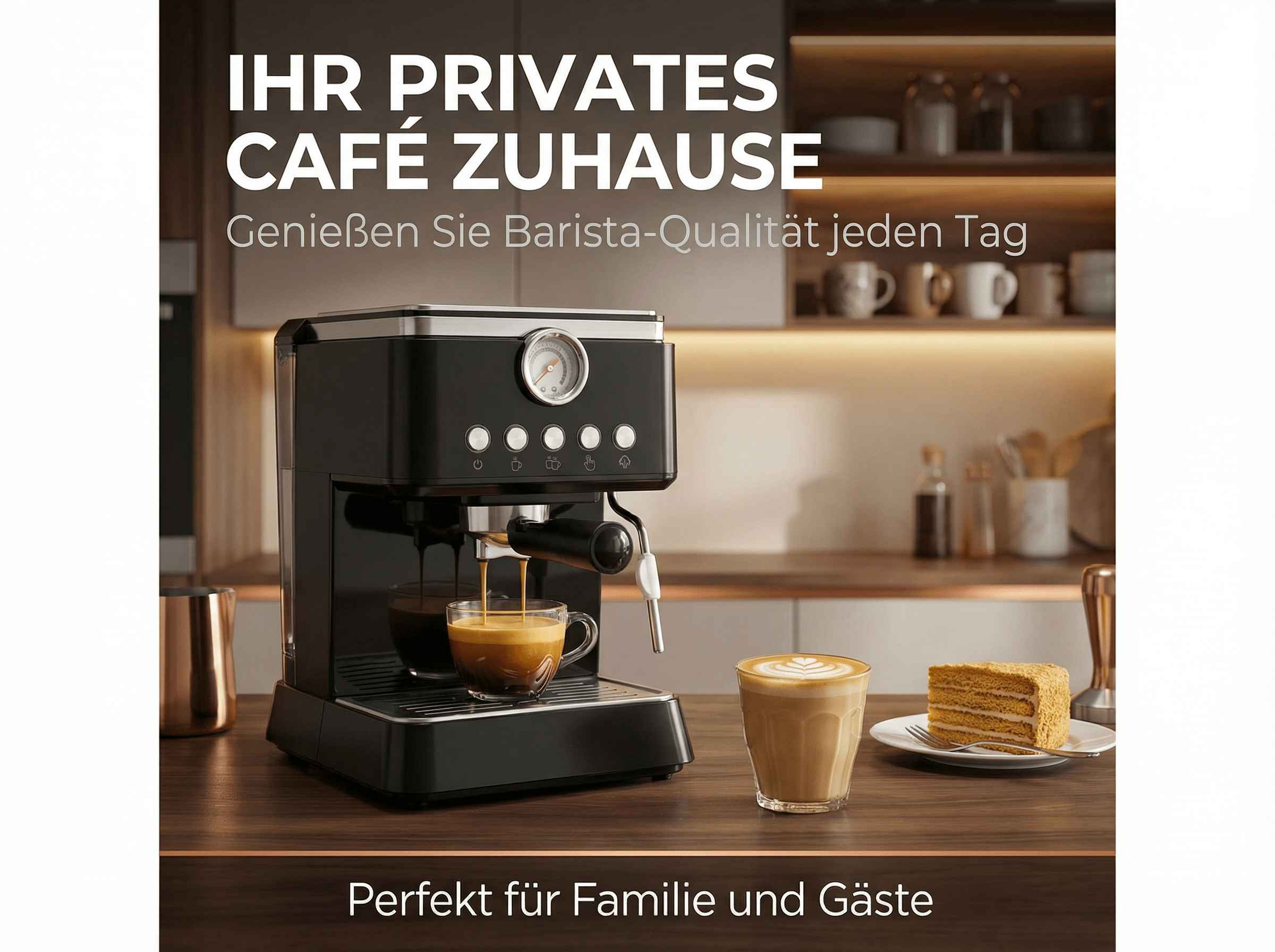 Eine schwarze Espressomaschine brüht Kaffee in eine Tasse. Daneben ein Latte Macchiato und Kuchen.