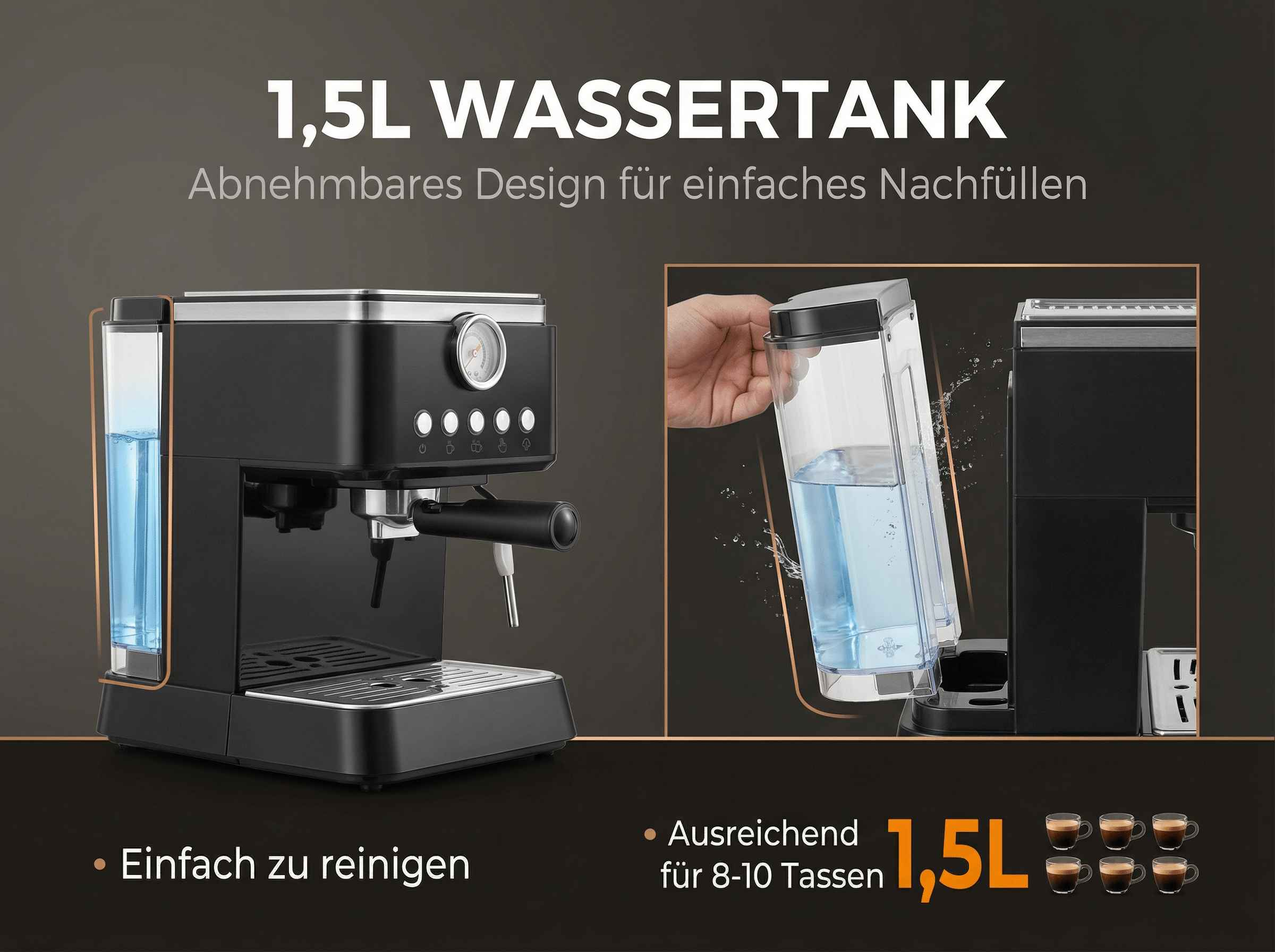Eine schwarze Kaffeemaschine mit abnehmbarem 1,5L Wassertank und Messingdetails.