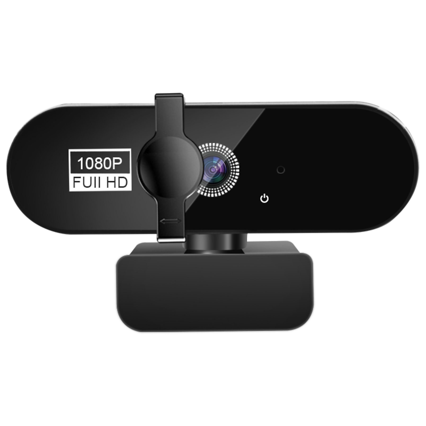 Schwarze 1080p Full HD Webcam mit Standfuß und Power-Symbol.