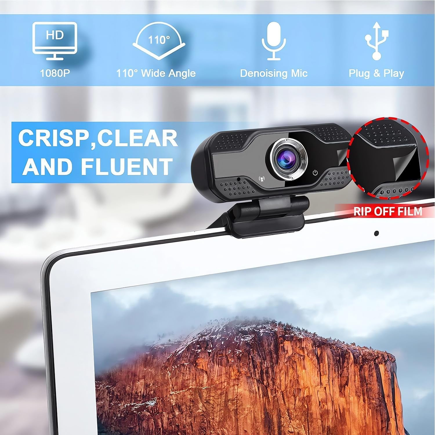 Webcam mit 1080P, 110° Weitwinkel, Rauschunterdrückung und Plug & Play.