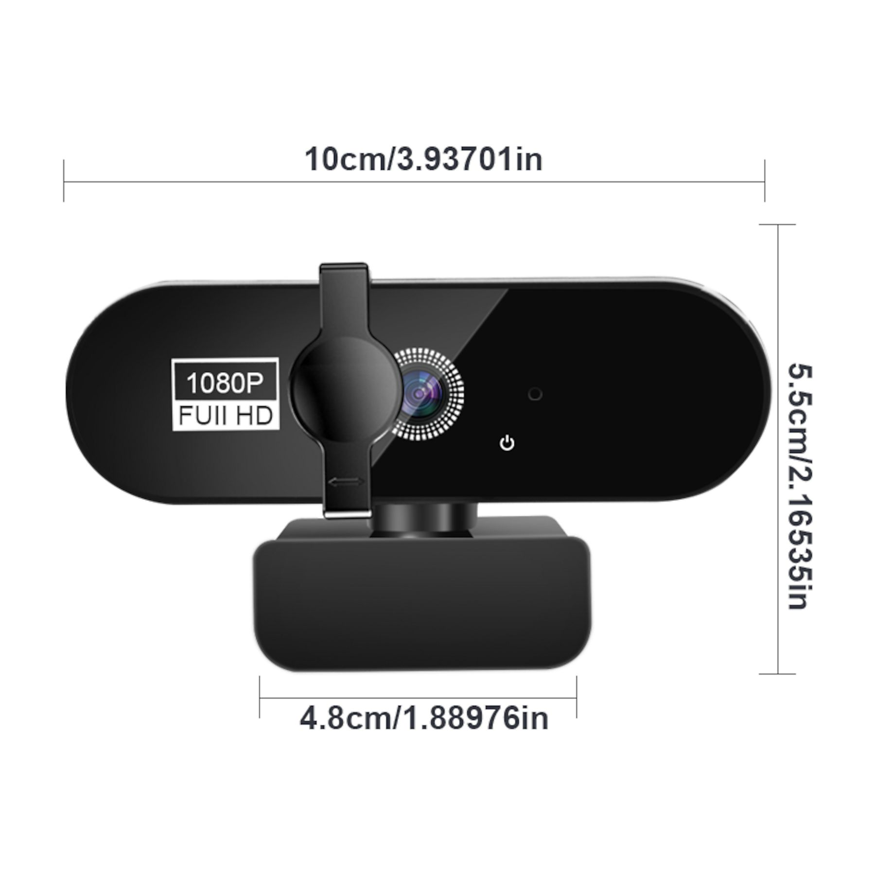 Schwarze Webcam mit 1080P FULL HD-Aufschrift, Maße 10x5,5x4,8cm.