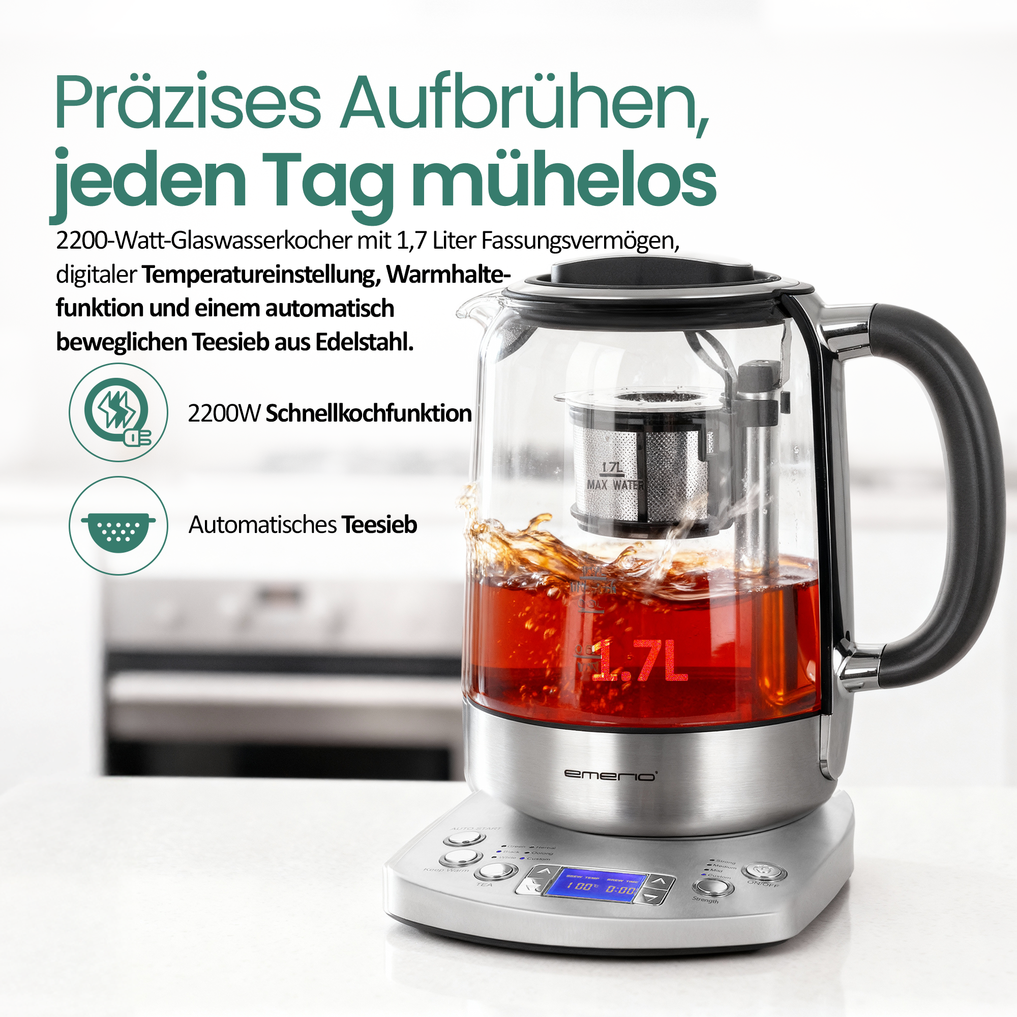 Ein Glas-Wasserkocher mit 1,7L Fassungsvermögen und integriertem, beweglichem Teesieb.