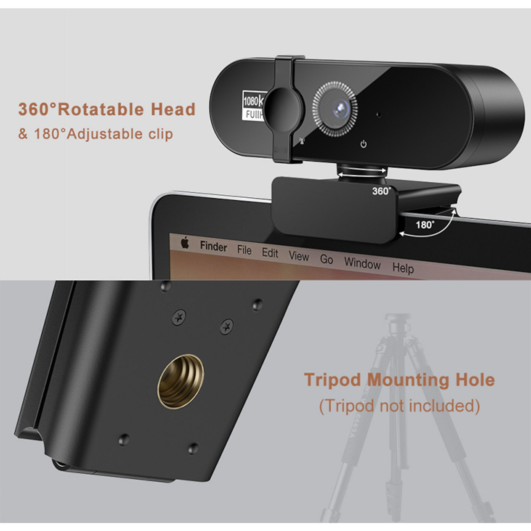 Eine schwarze Webcam mit 360° drehbarem Kopf und 180° verstellbarem Clip.