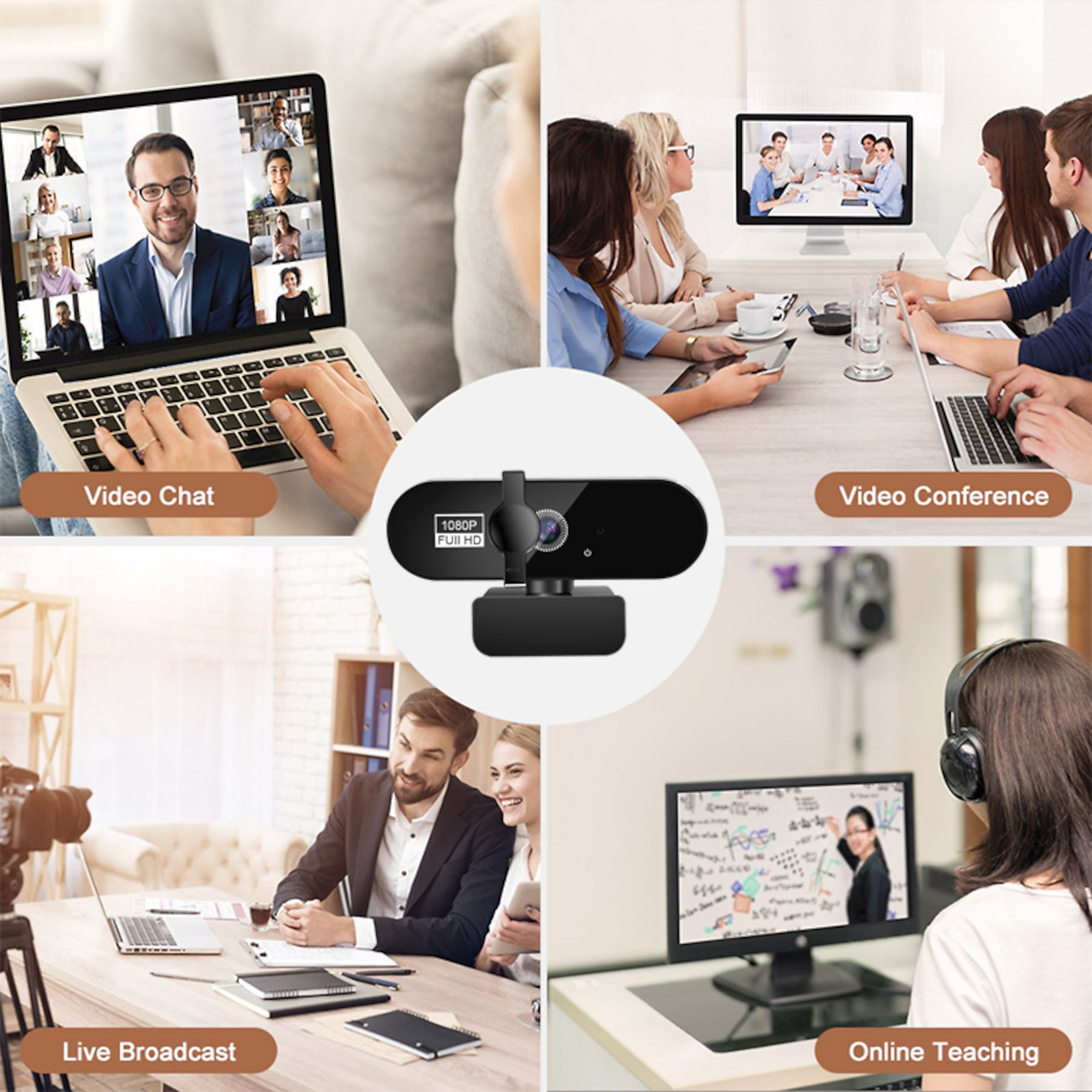 Vier Szenen: Videochat, Videokonferenz, Live-Übertragung, Online-Unterricht. Webcam in der Mitte.