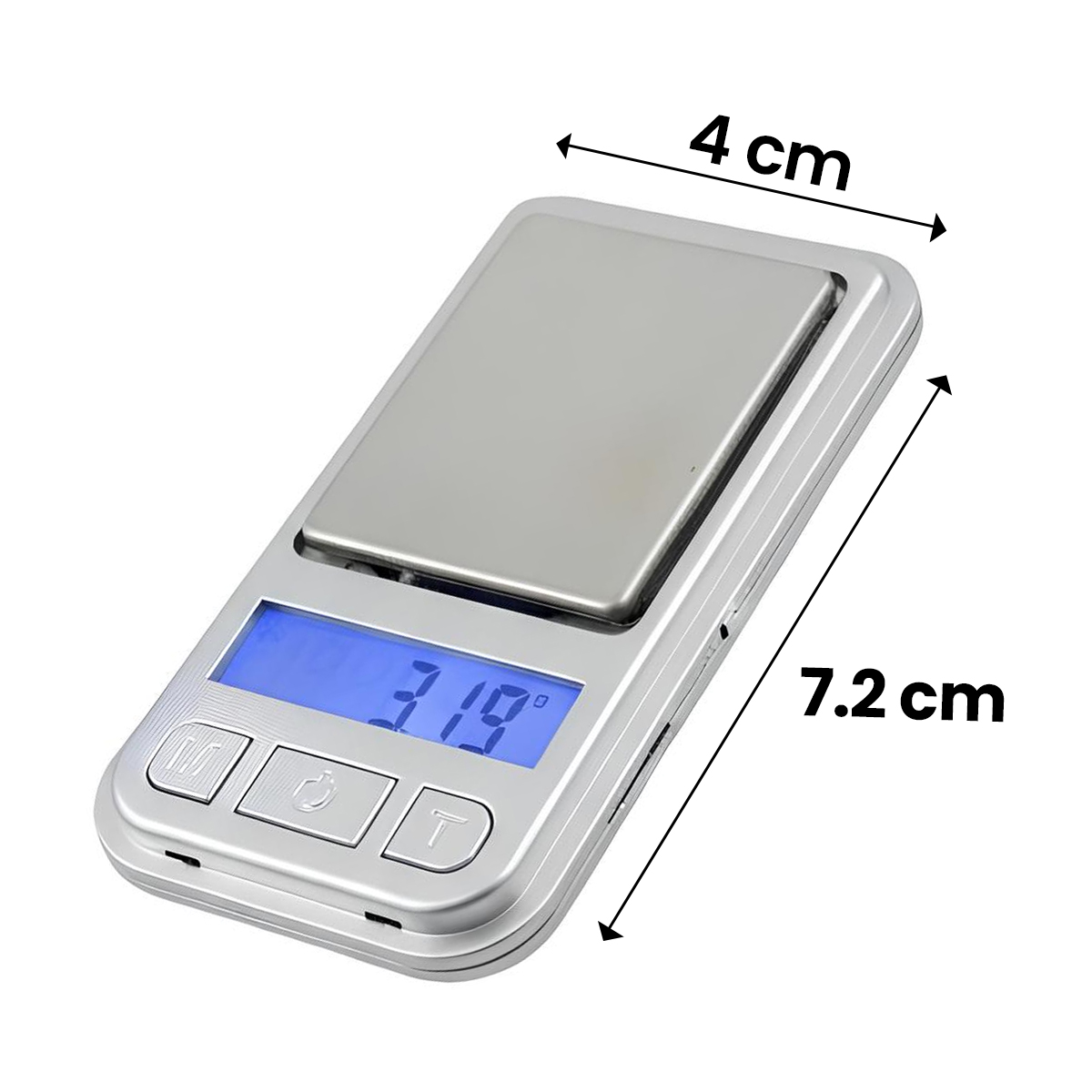 Kompakte digitale Waage, 7,2 cm x 4 cm, mit blauem Display.