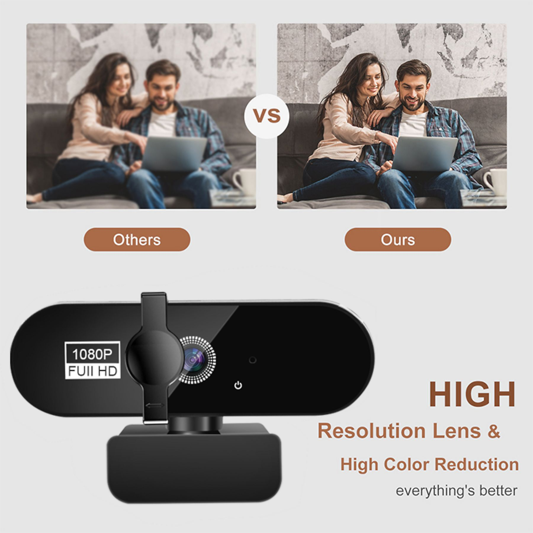 Vergleich: Unscharfe vs. klare Ansicht von Paaren mit Laptop, daneben eine Webcam.