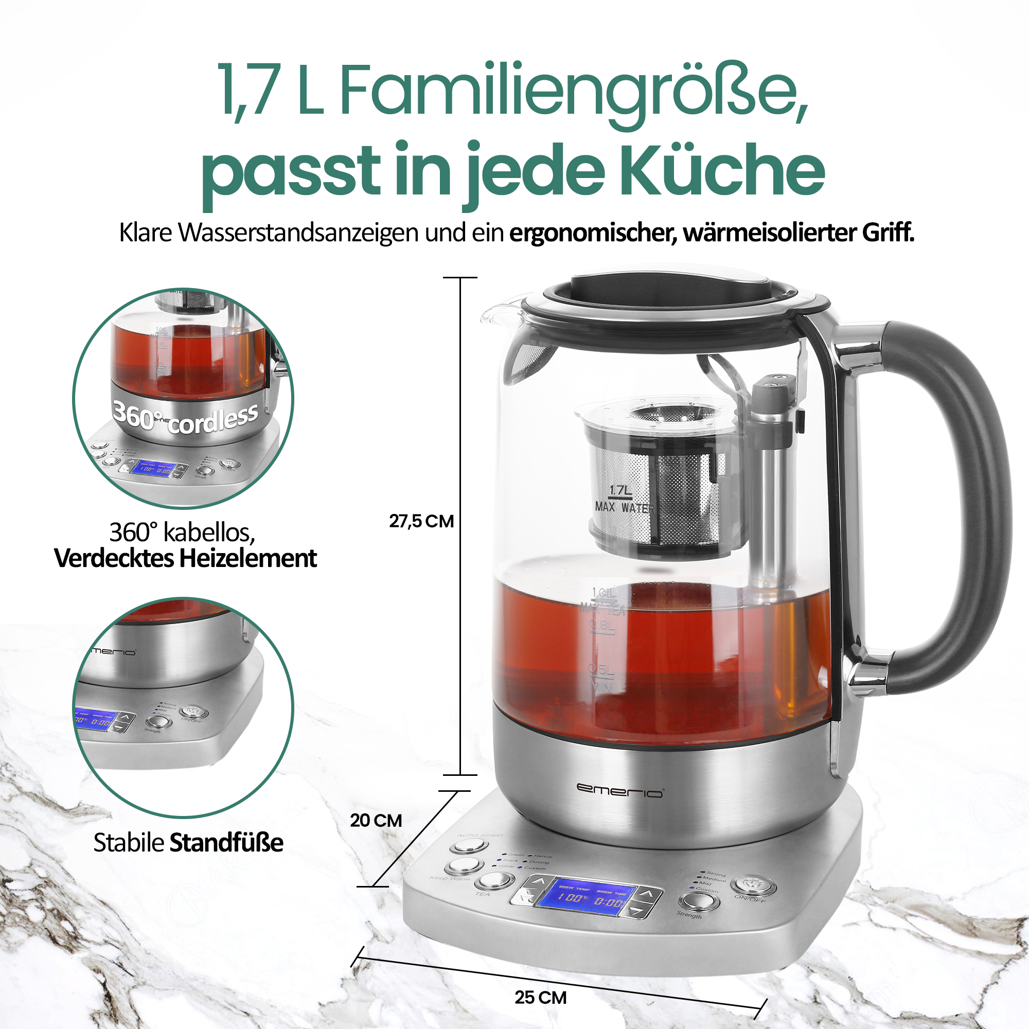 Glas-Wasserkocher mit digitaler Steuerung, 1,7 L Kapazität, 27,5 cm hoch.
