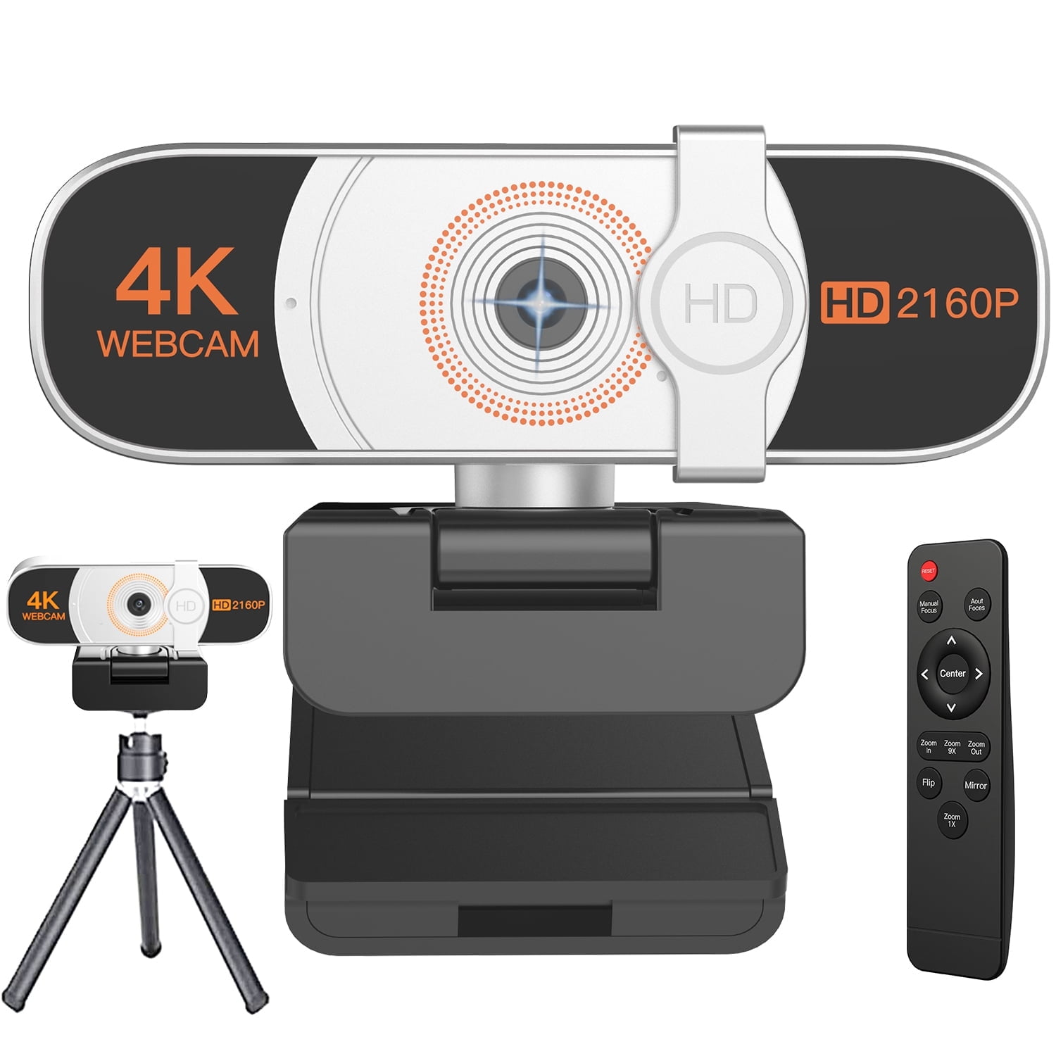 Eine 4K-Webcam mit Fernbedienung, Stativ und Basiseinheit vor weißem Hintergrund.