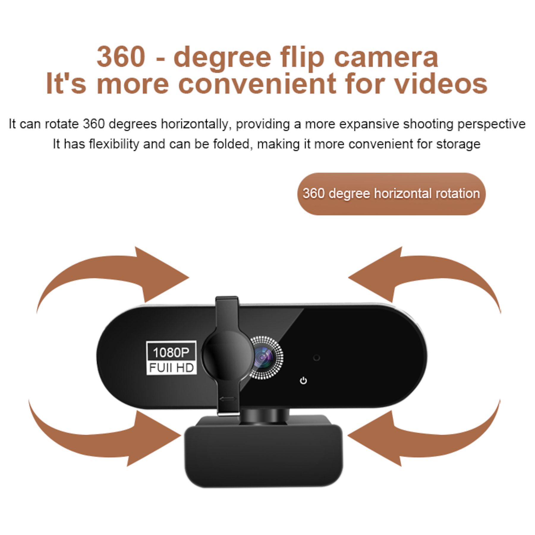Eine schwarze 1080P-Webcam mit 360-Grad-Drehung auf einem Ständer.
