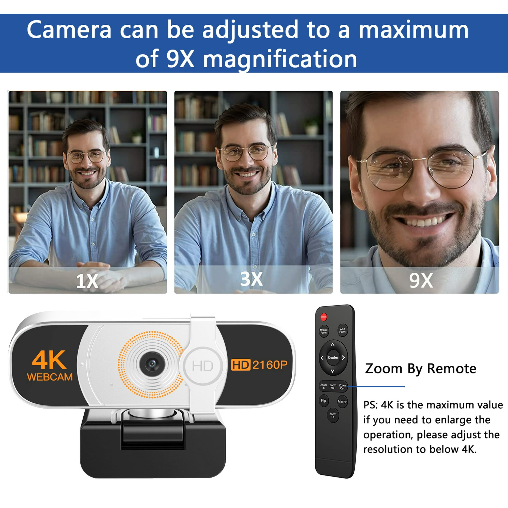 Webcam mit 1X, 3X und 9X Zoom, Fernbedienung und 4K Auflösung.