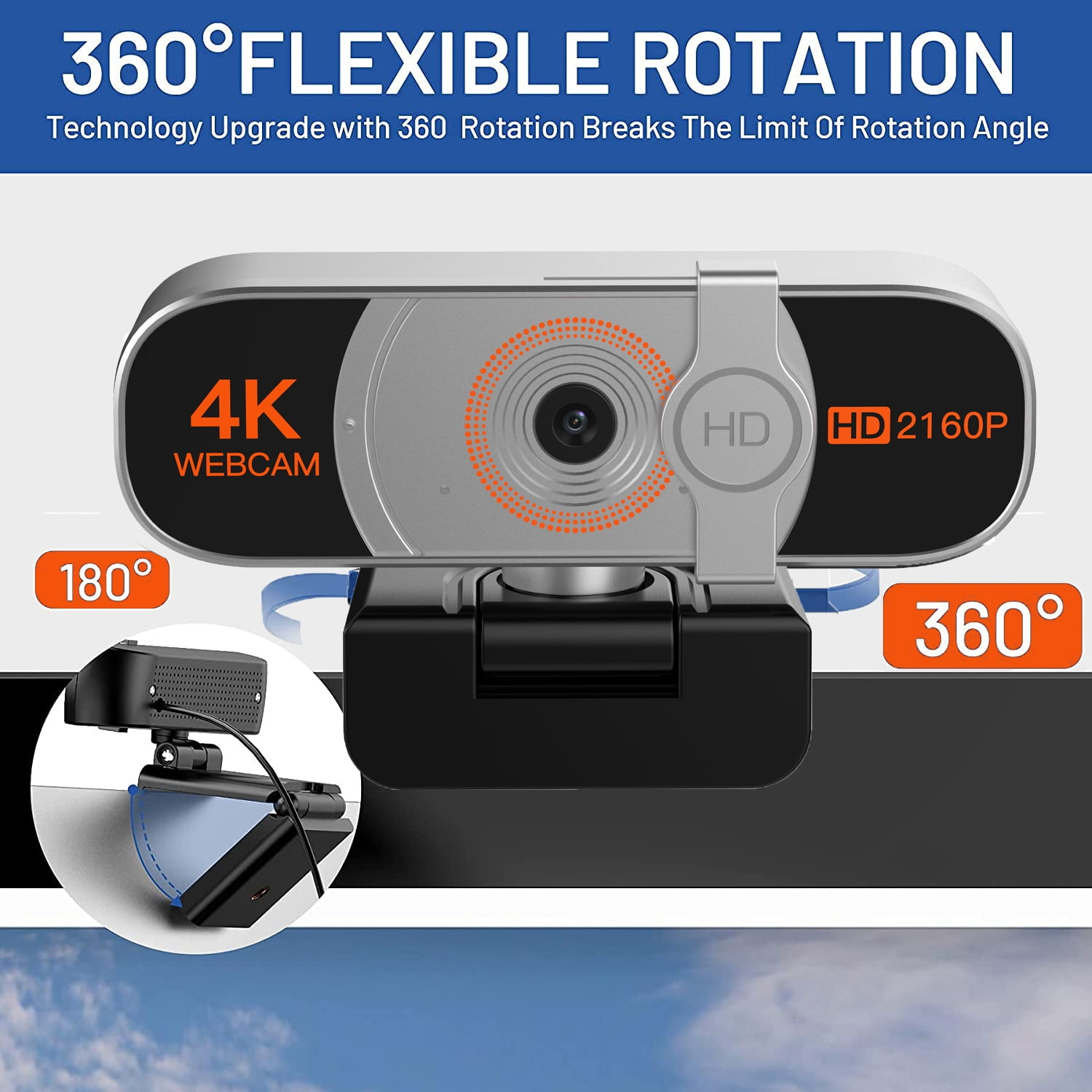 Graue 4K Webcam mit 360 Grad Flexibilität, HD 2160P Auflösung.