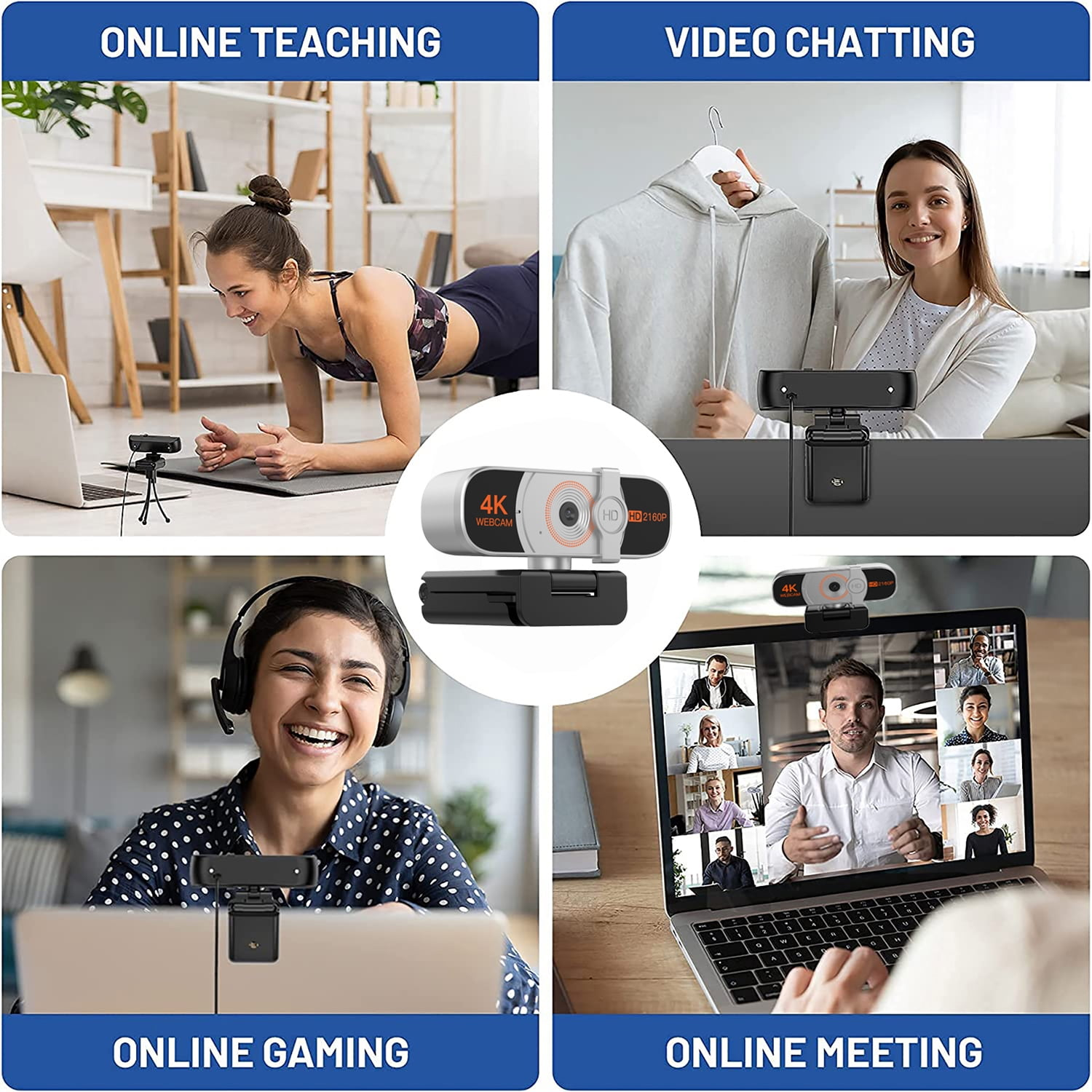 Vier Szenen: Frau in Plank-Position, Frau mit Hoodie, Frau mit Kopfhörern, Online-Meeting.