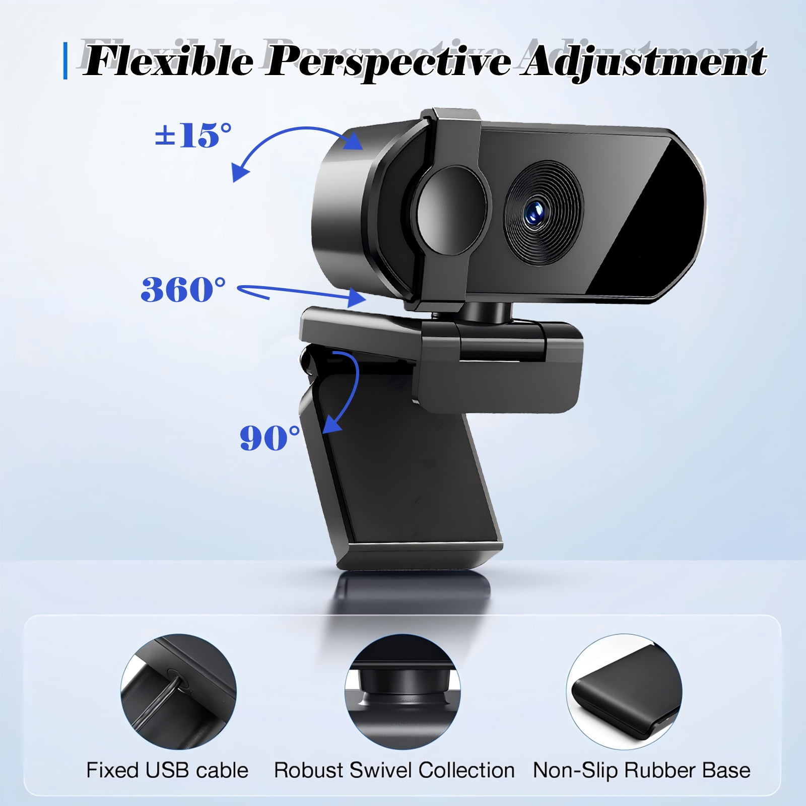 Schwarzes Webcam-Design mit flexibler Verstellung und Detailbildern.