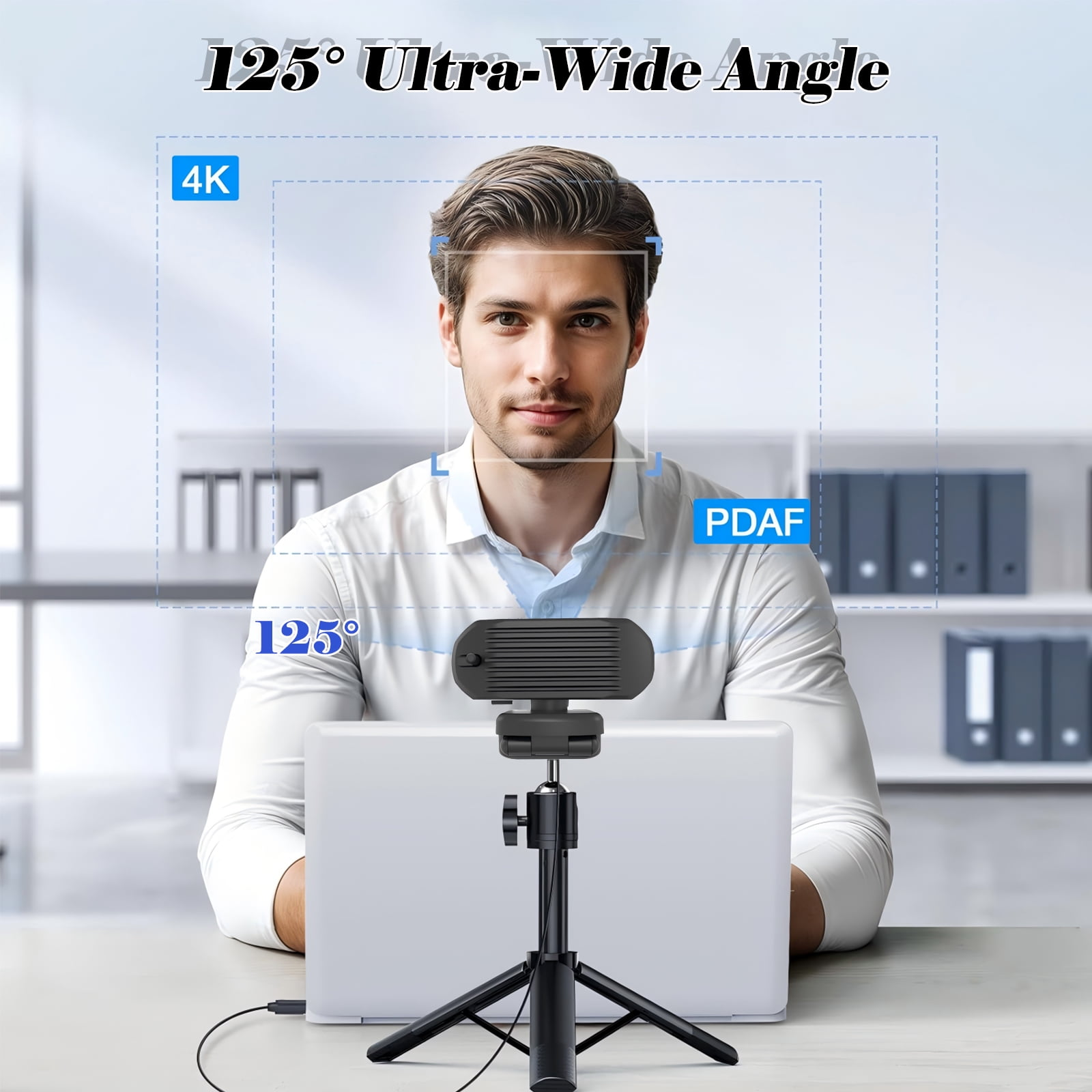 Mann sitzt am Laptop mit Webcam. 4K Ultra-Weitwinkel, 125 Grad.