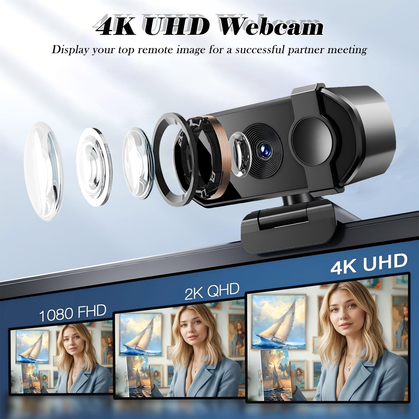 Explodierte Ansicht einer 4K-Webcam mit Linsen und drei Bildschirmansichten.