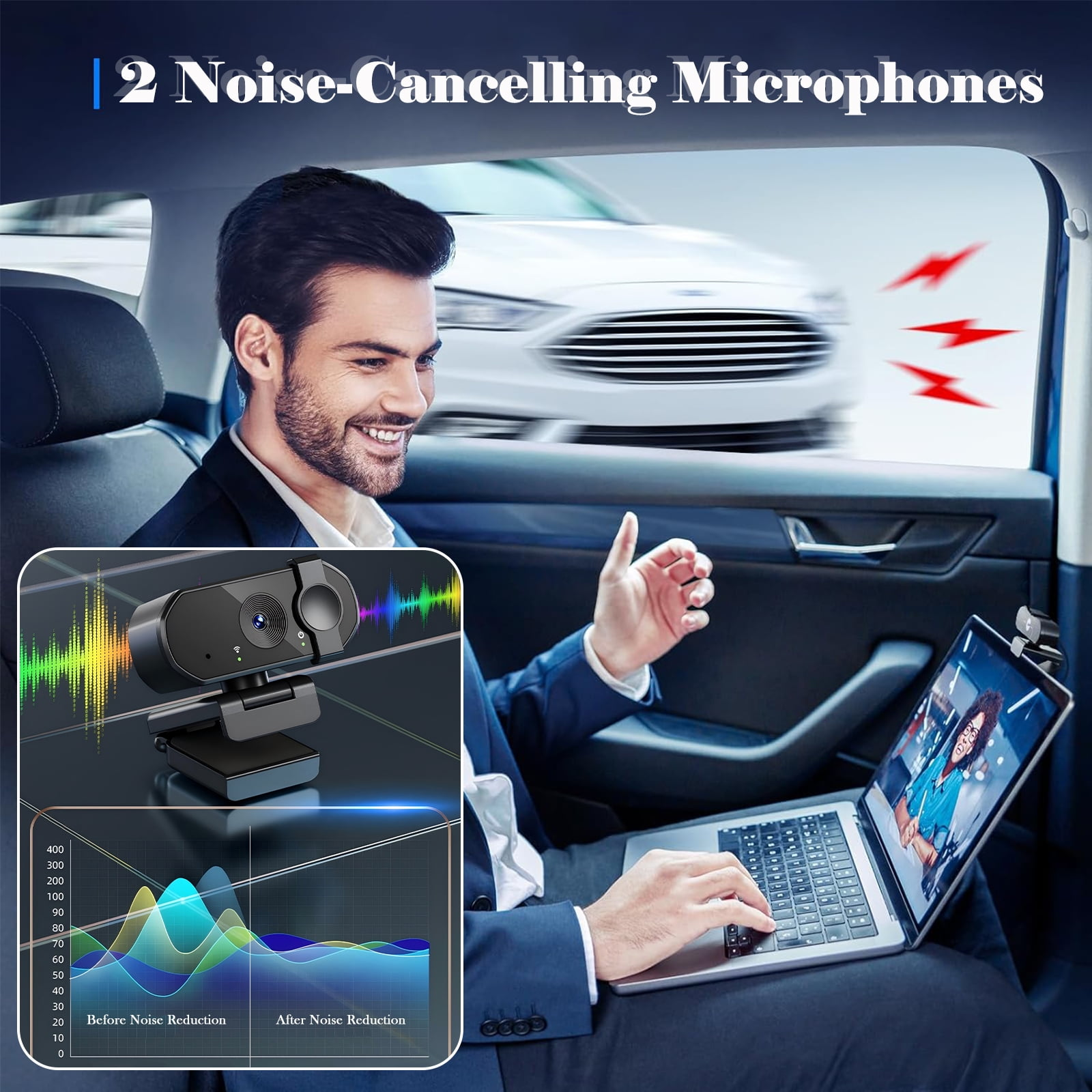 Mann im Auto mit Laptop und Webcam; Geräuschpegeldiagramme.