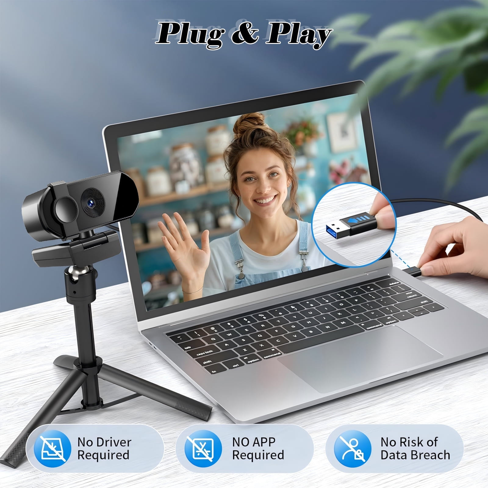 Webcam und Laptop mit USB-Stick, die Frau winkt.