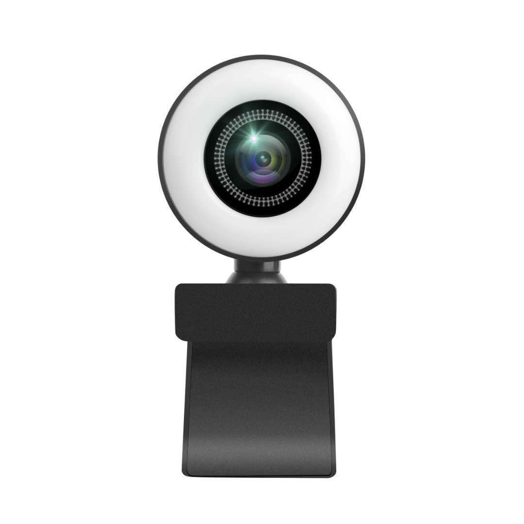 Eine schwarze Webcam mit einem LED-Ringlicht leuchtet auf dem Objektiv.