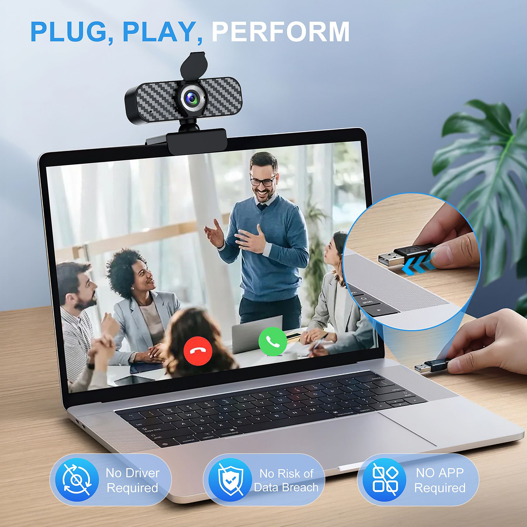 Webcam auf Laptop, Videokonferenz, USB-Stick wird eingesteckt.