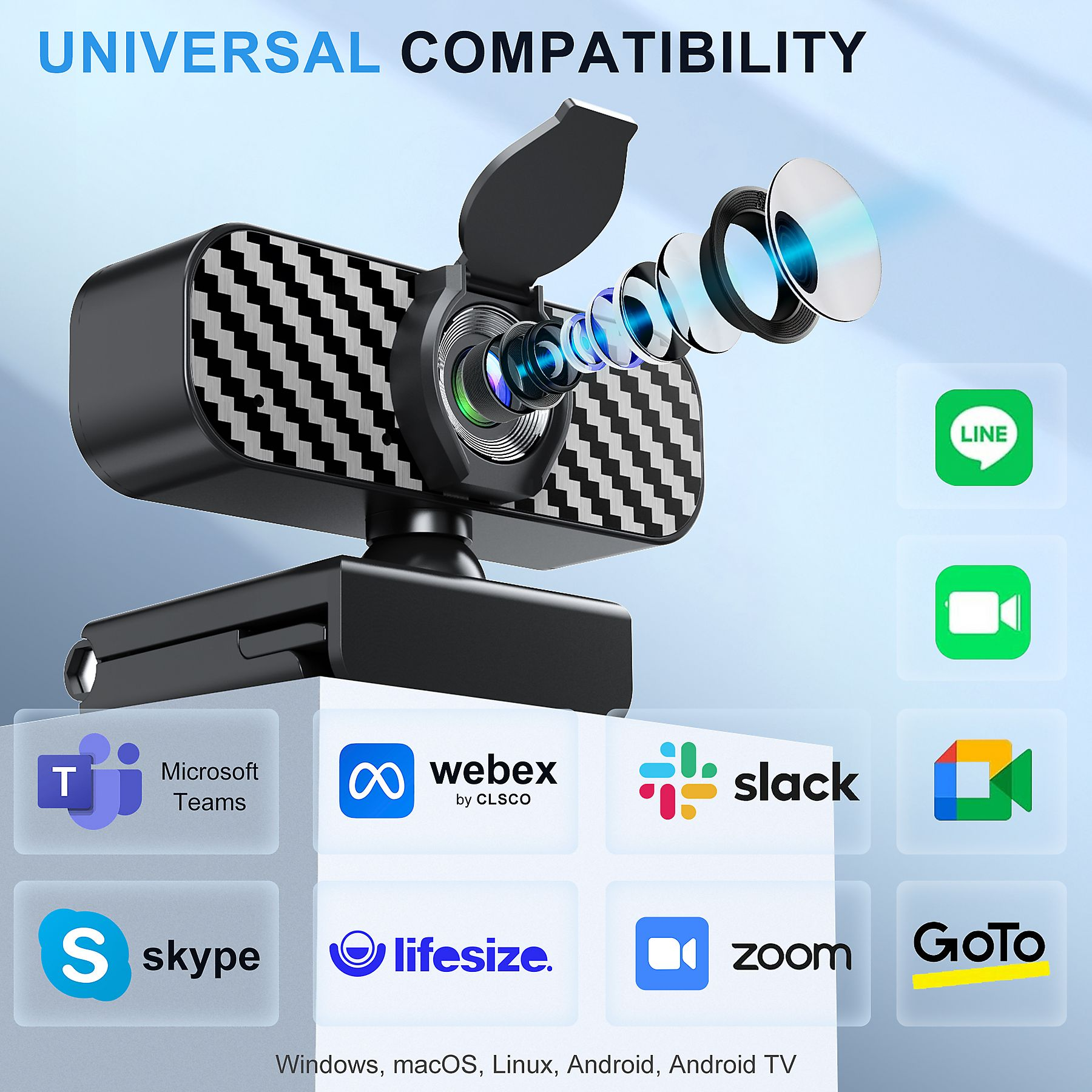 Webcam mit flexibler Halterung, Linse und Logos von Kommunikations-Apps.