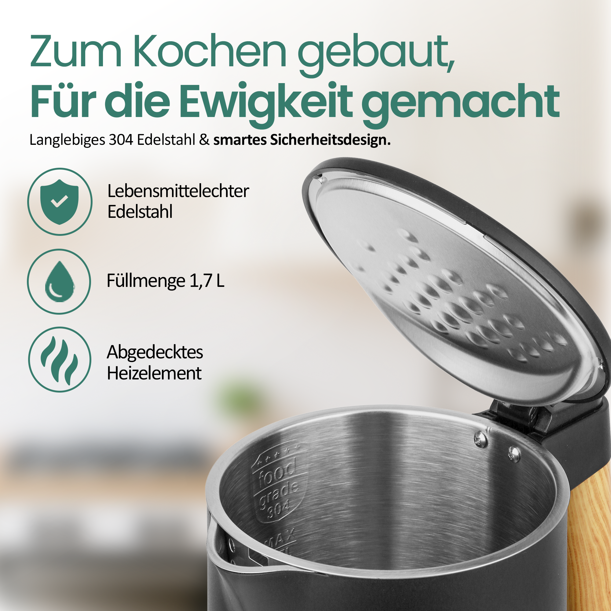 Ein schwarzer Wasserkocher mit offenem Deckel, Innenansicht aus Edelstahl.