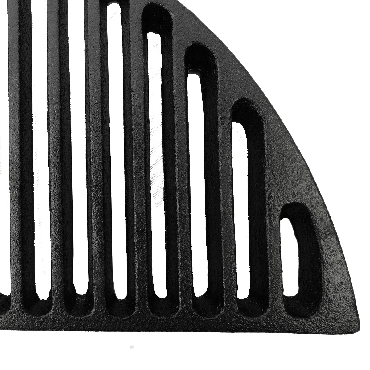 Black cast iron grill grate with parallel bars and oval cutouts.