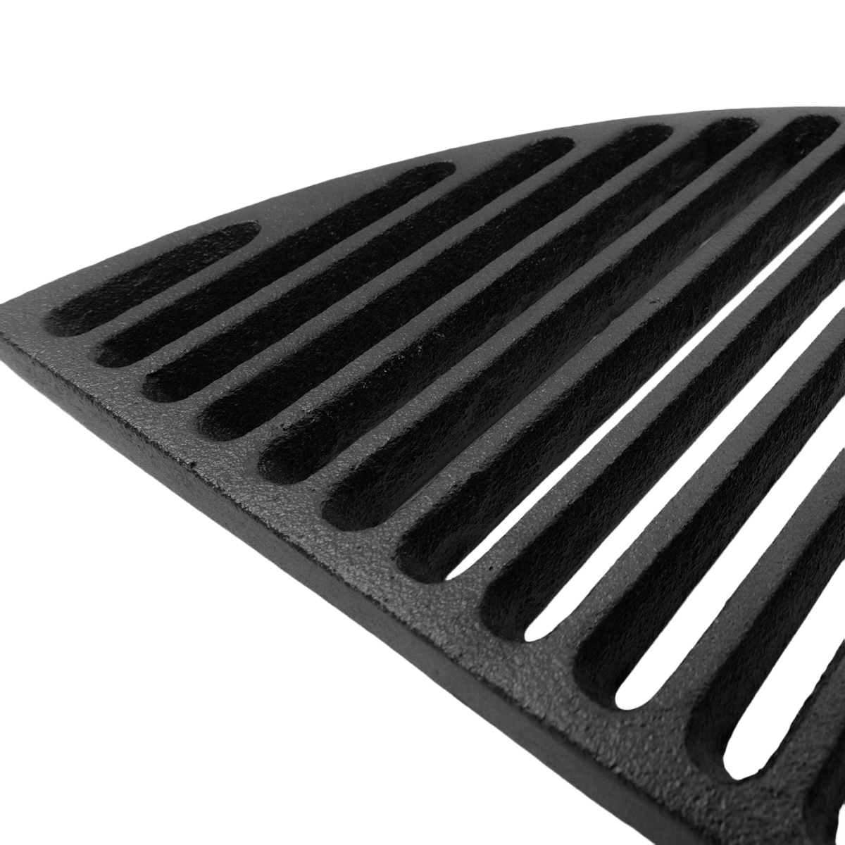 Close-up of a black cast iron grill grate with parallel bars.