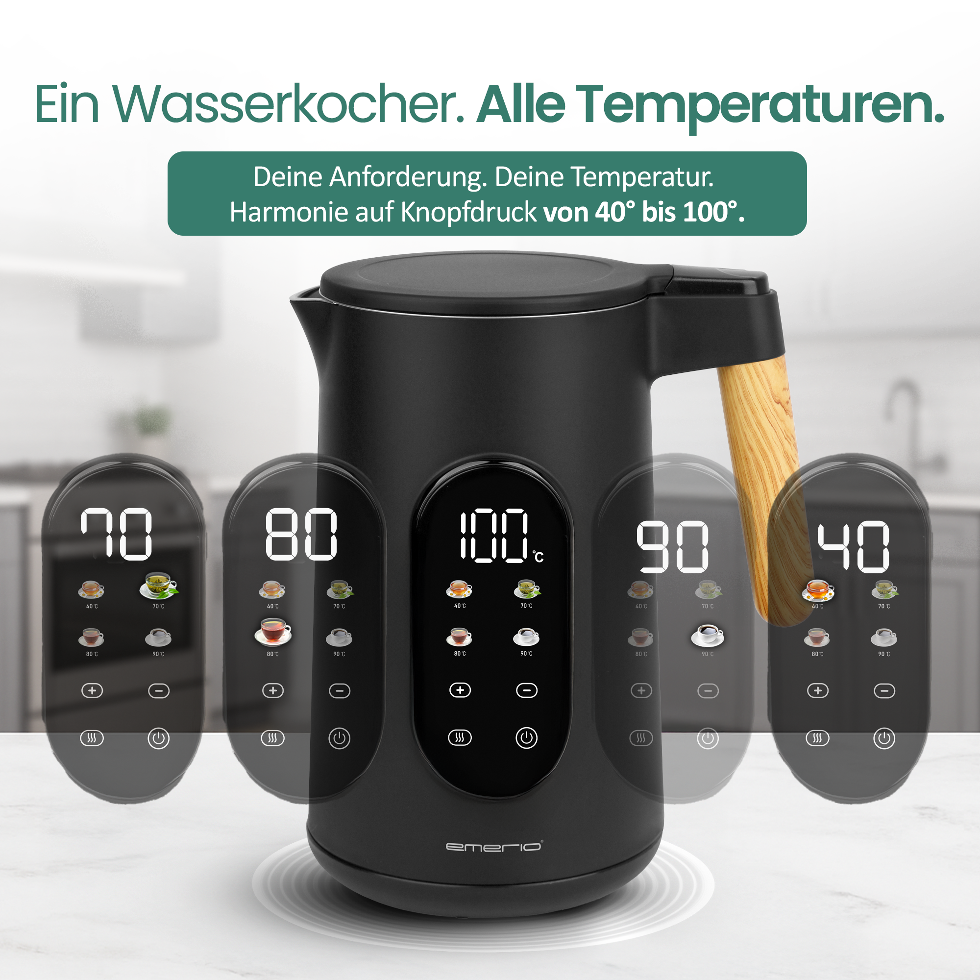 Ein schwarzer Wasserkocher mit Holzgriff und digitalen Temperaturanzeigen.