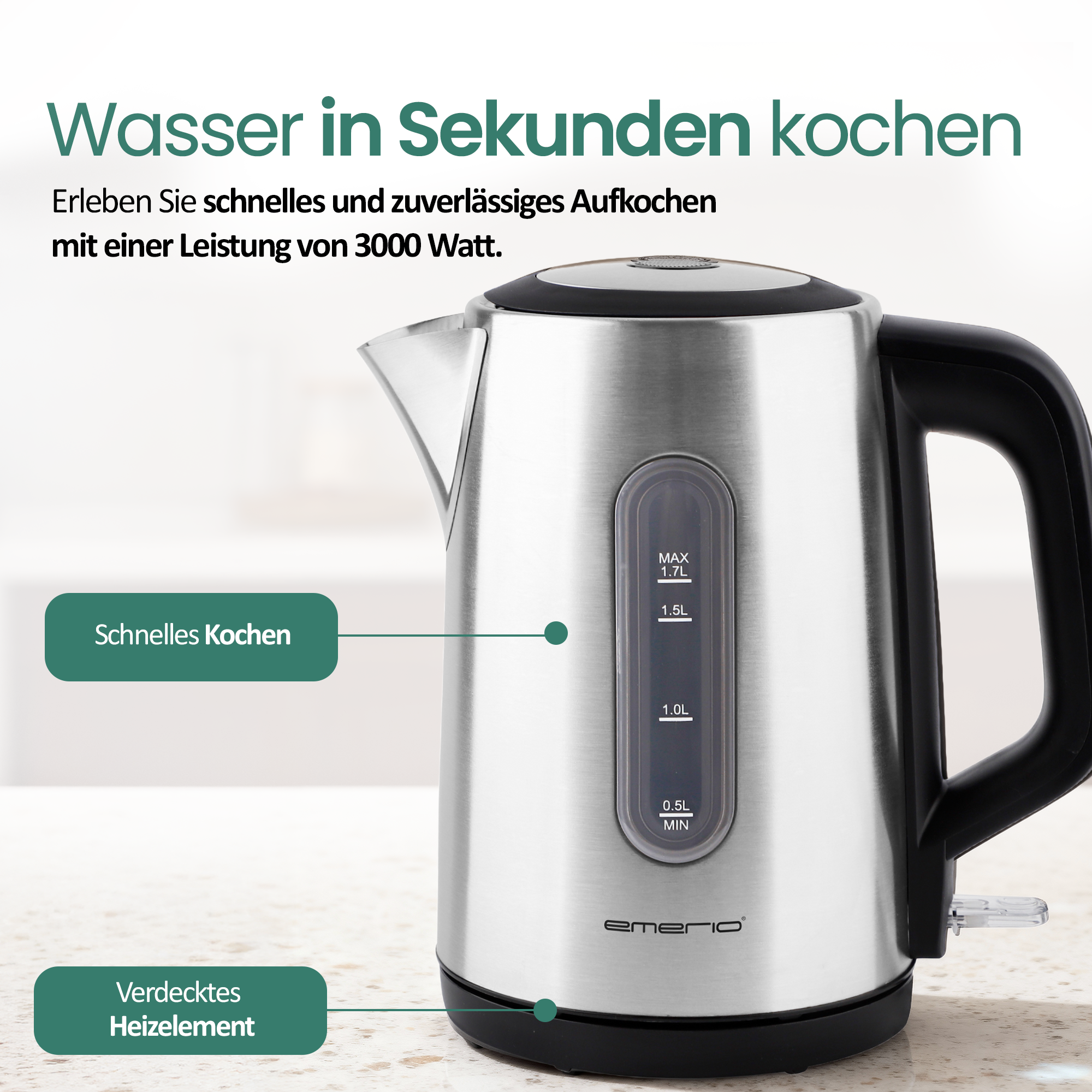 Edelstahl-Wasserkocher mit 3000W Leistung, 1,7L Kapazität und verdecktem Heizelement.