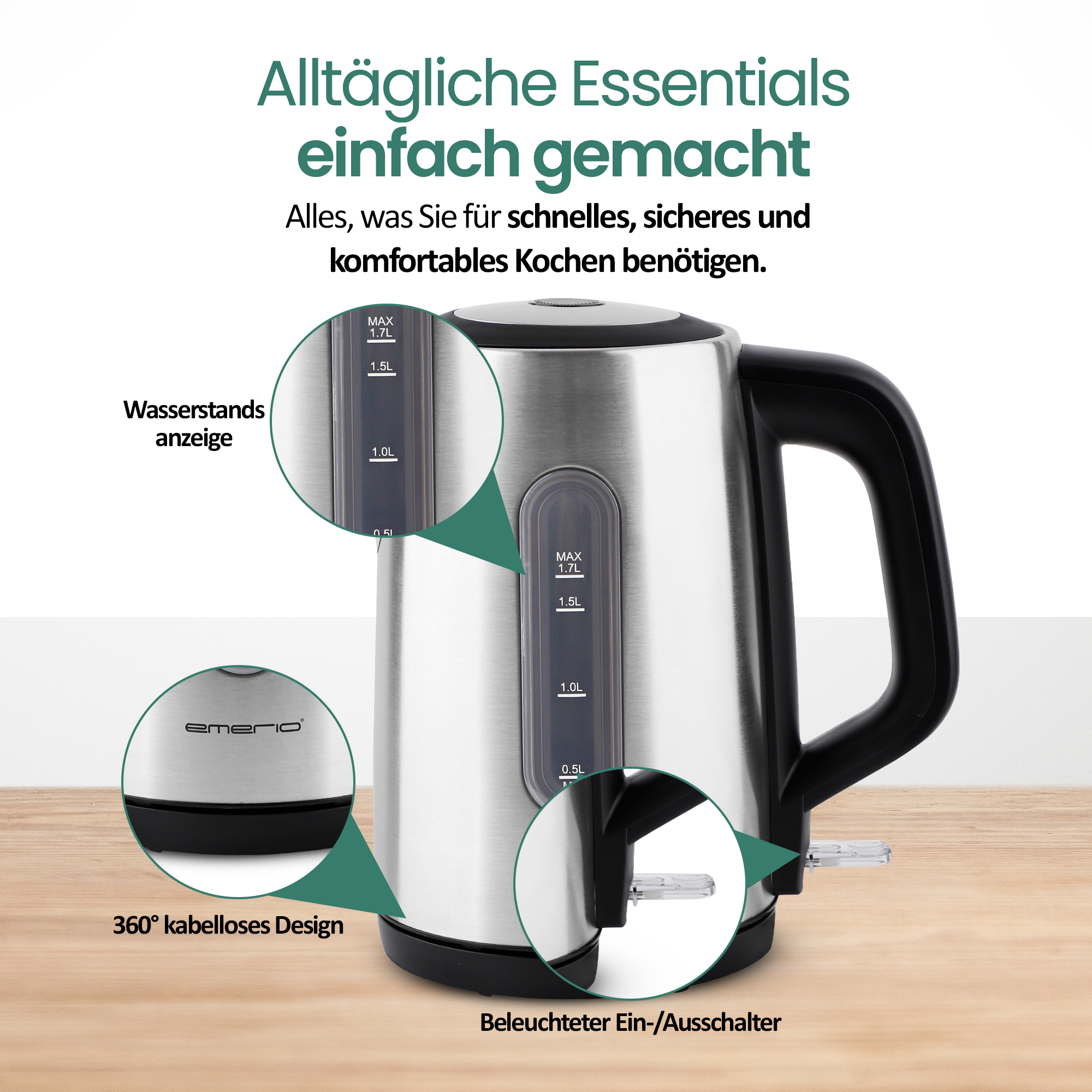 Edelstahl-Wasserkocher mit Wasserstandsanzeige, 360° Basis und beleuchtetem Schalter.