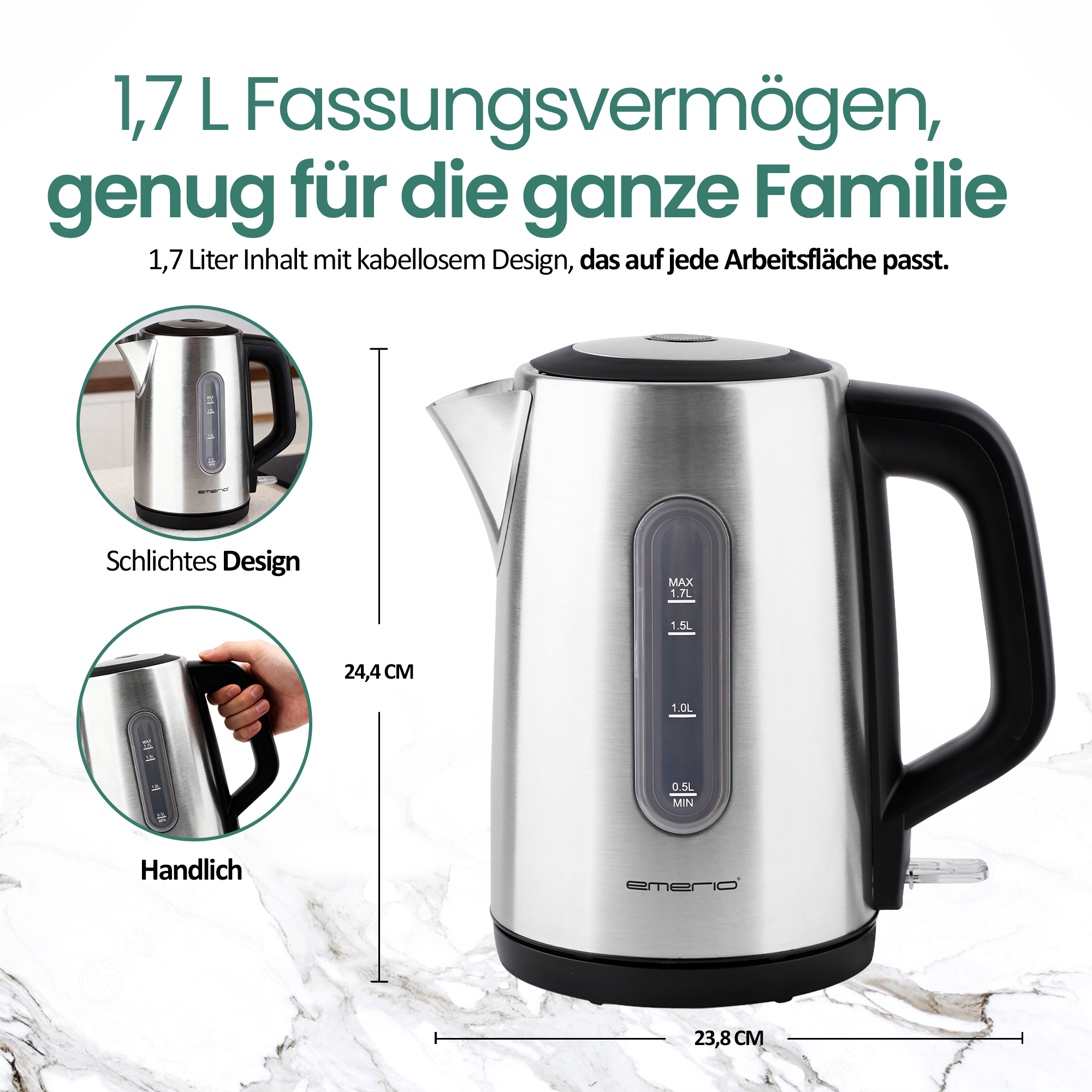 Ein silberner Wasserkocher mit schwarzem Griff und Füllstandsanzeige.
