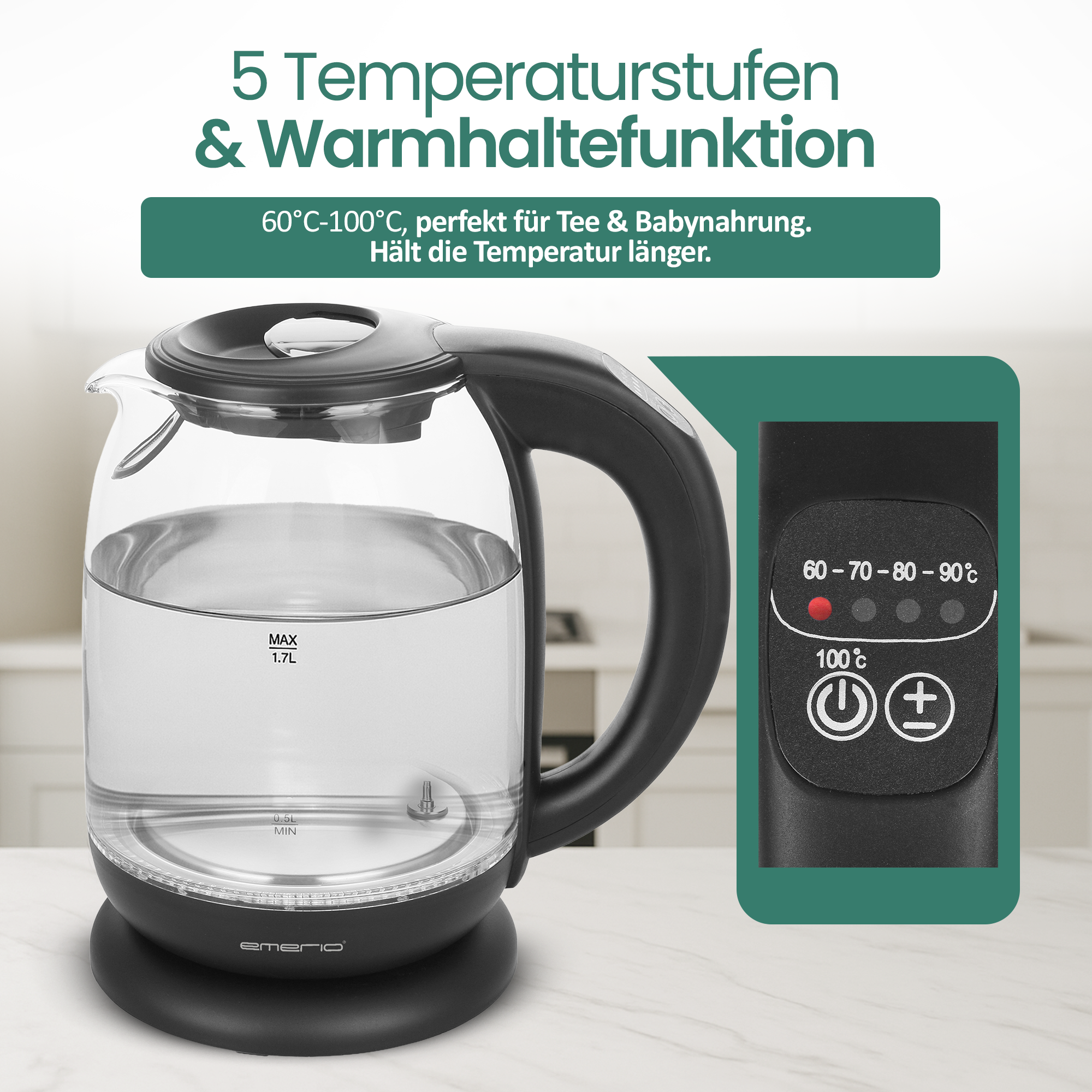 Glaswasserkocher mit 5 Temperaturstufen und Warmhaltefunktion. Max 1.7L.