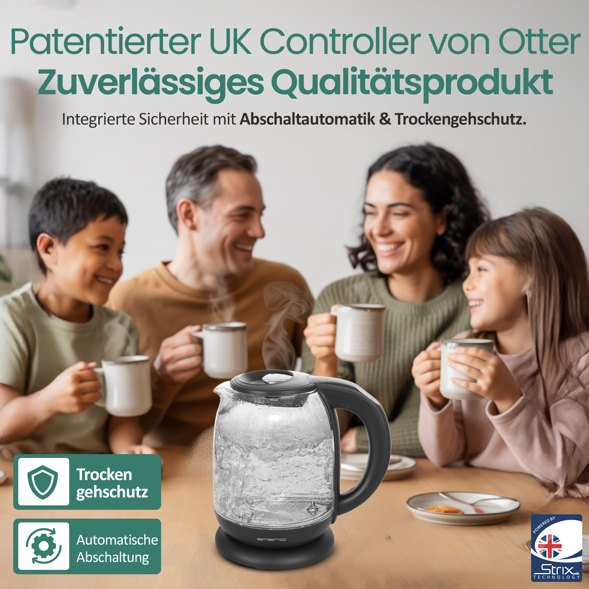 Eine Familie genießt heiße Getränke, während ein Wasserkocher auf dem Tisch dampft.