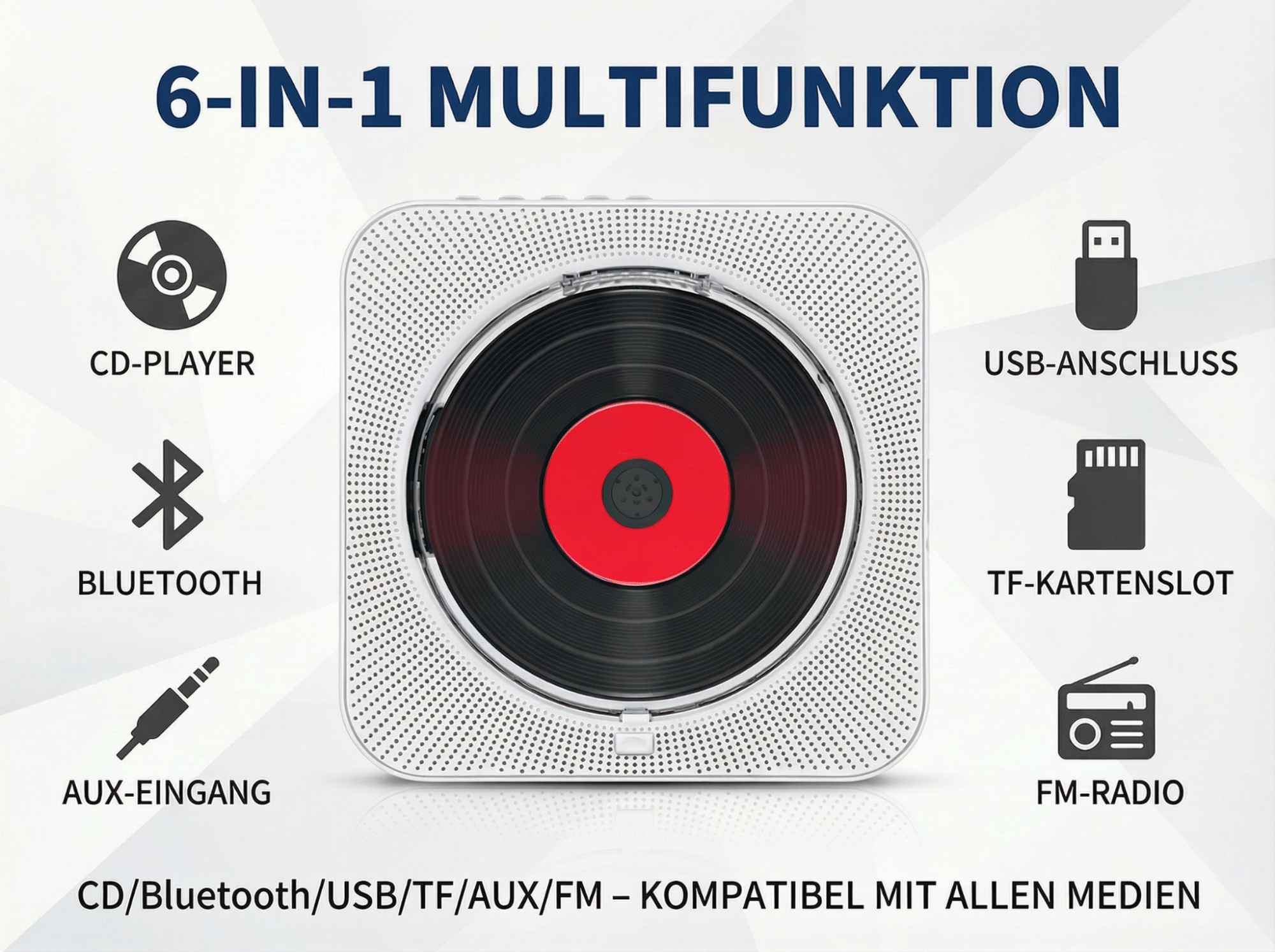 Ein weißer Multifunktions-CD-Player mit Beschriftungen für CD, Bluetooth, USB, TF-Karte, AUX.