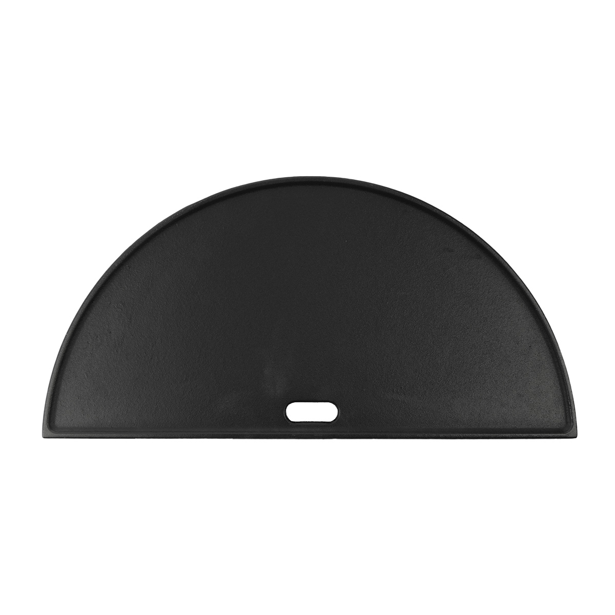 A black, semi-circular cast iron griddle with a slot.