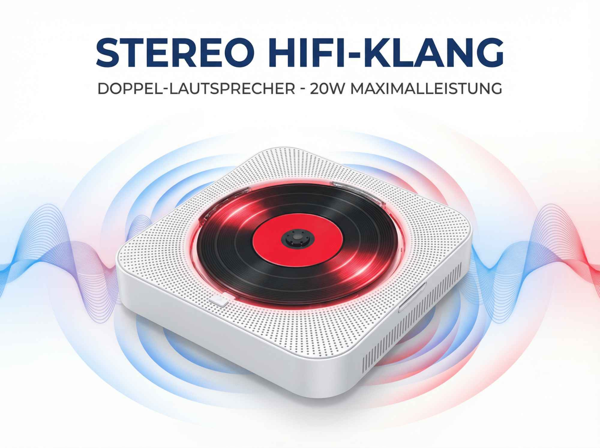 Ein weißer CD-Player mit Schallplatten-Design und leuchtenden roten Akzenten.