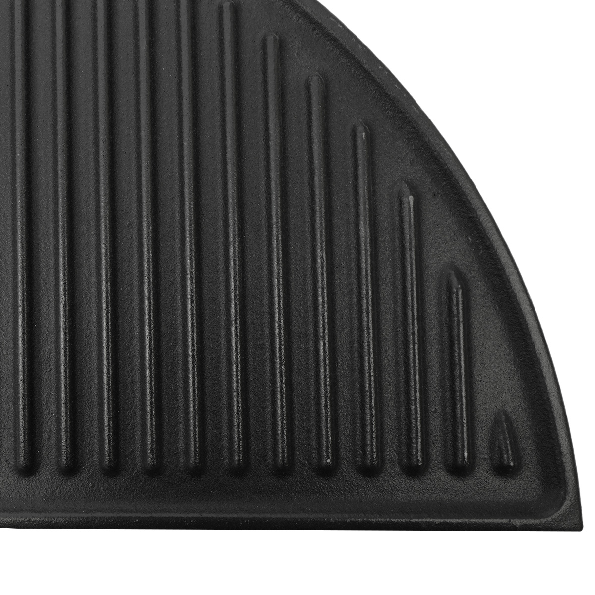 Black cast iron grill plate close-up, showing raised ridges.