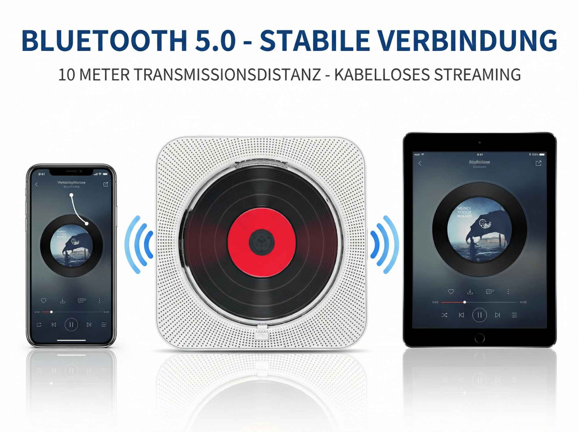 CD-Player mit Vinyl-Optik, verbunden mit Smartphone und Tablet.