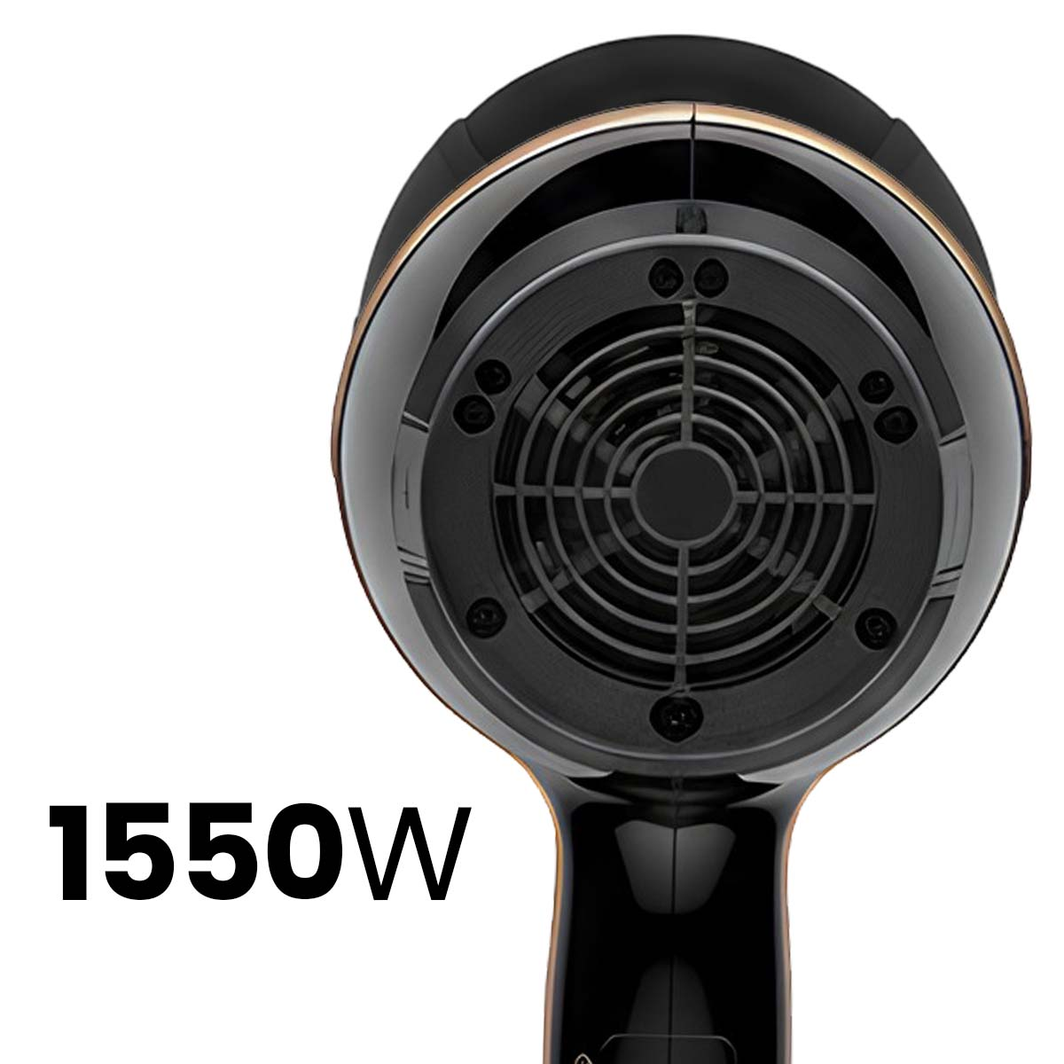 Nahaufnahme eines schwarzen Haartrockners mit 1550W-Aufschrift.