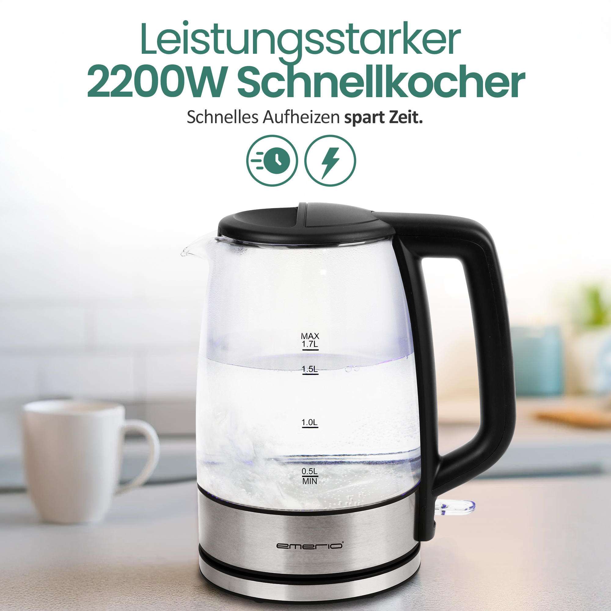 Ein Glas-Wasserkocher mit 2200W heizt schnell Wasser auf. Er hat eine Kapazität von 1.7L.
