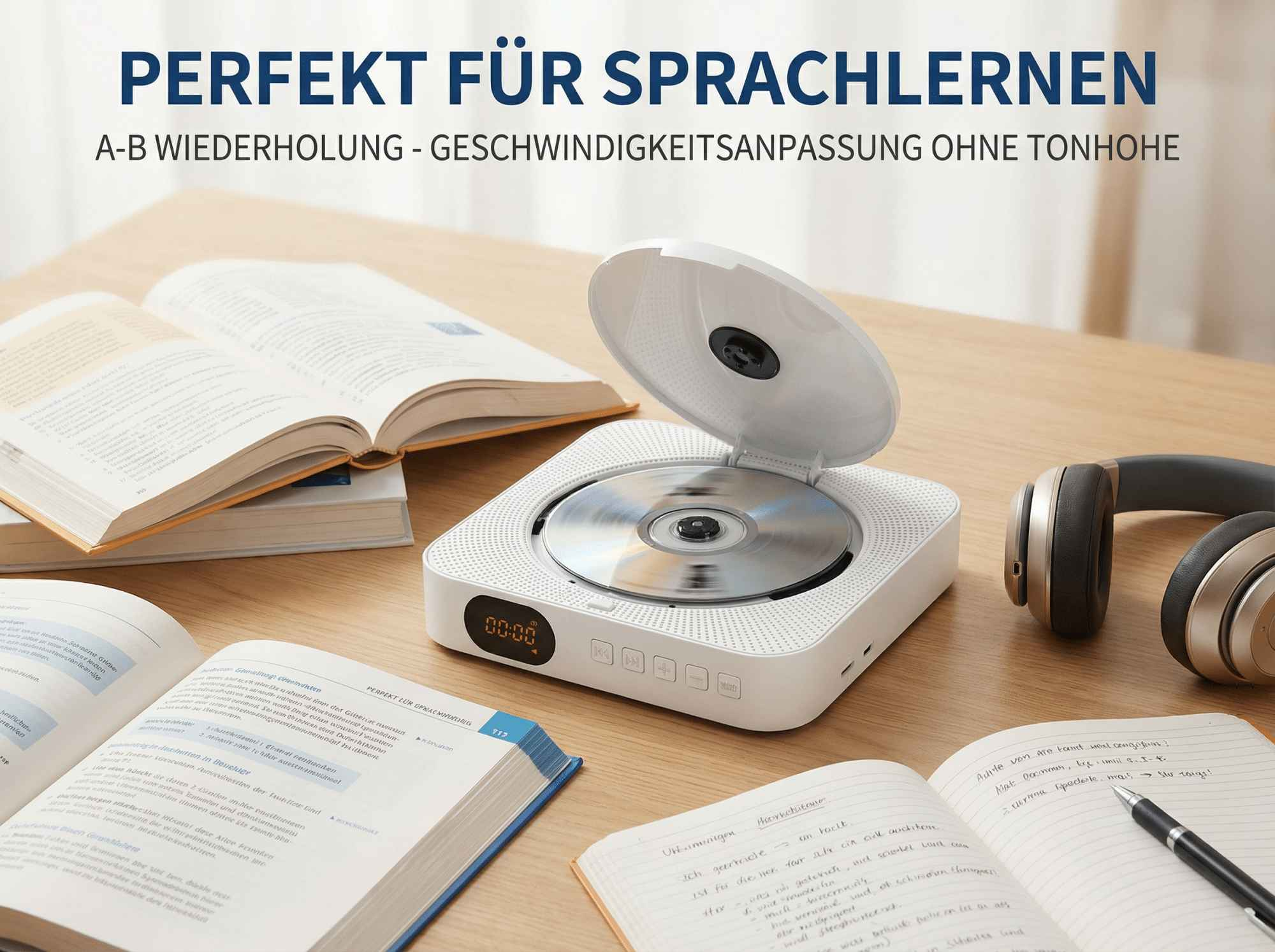 Ein weißer CD-Player mit geöffnetem Deckel steht auf einem Holztisch neben Büchern.