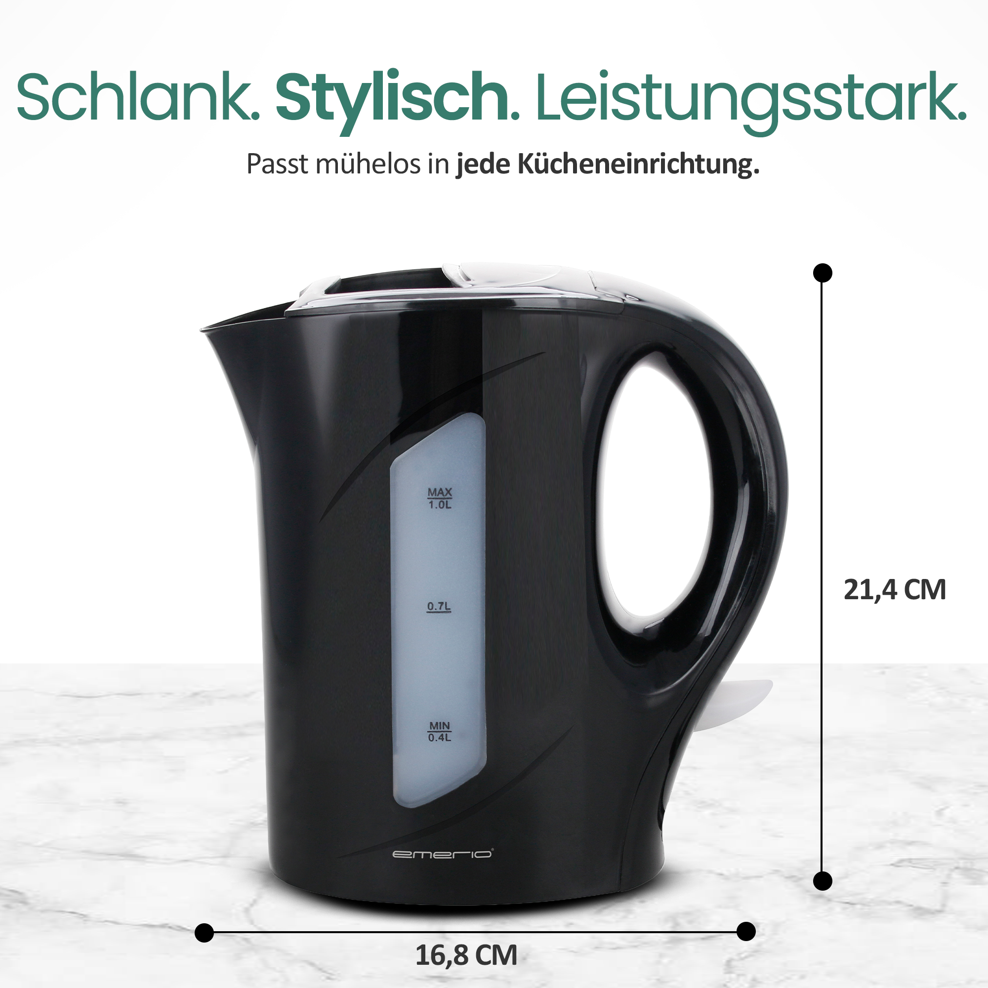 Schwarzer Wasserkocher mit Messanzeige, 16,8 cm breit und 21,4 cm hoch.
