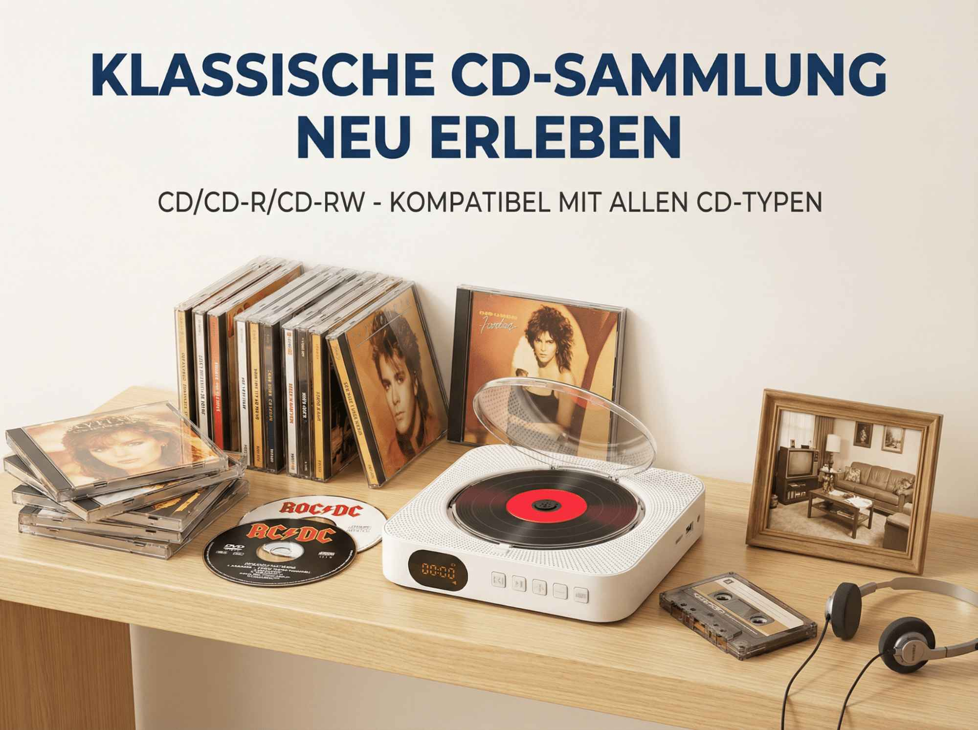 Weiße CD-Player mit CDs, Kassetten, Kopfhörern und Fotorahmen auf einem Holztisch.