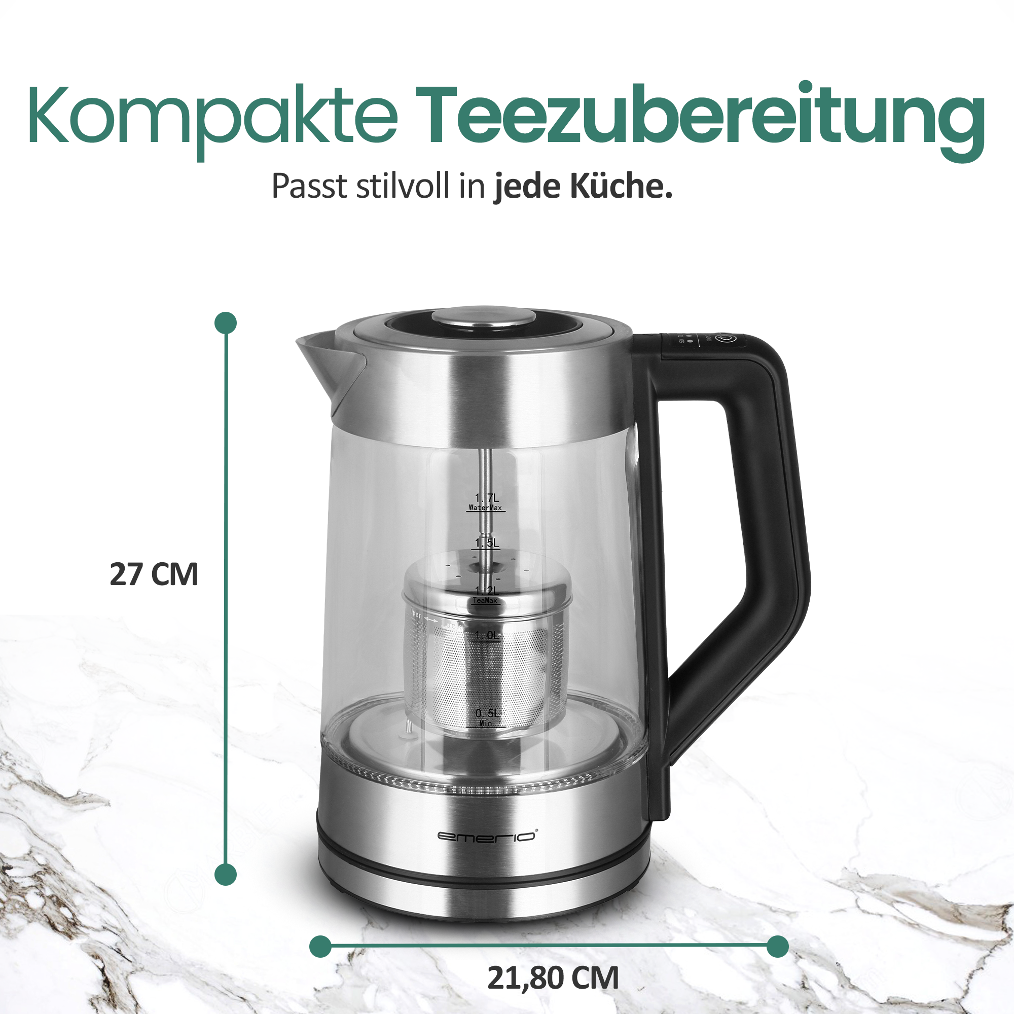 Glaswasserkocher mit Teefilter, Höhe 27cm, Breite 21.8cm.