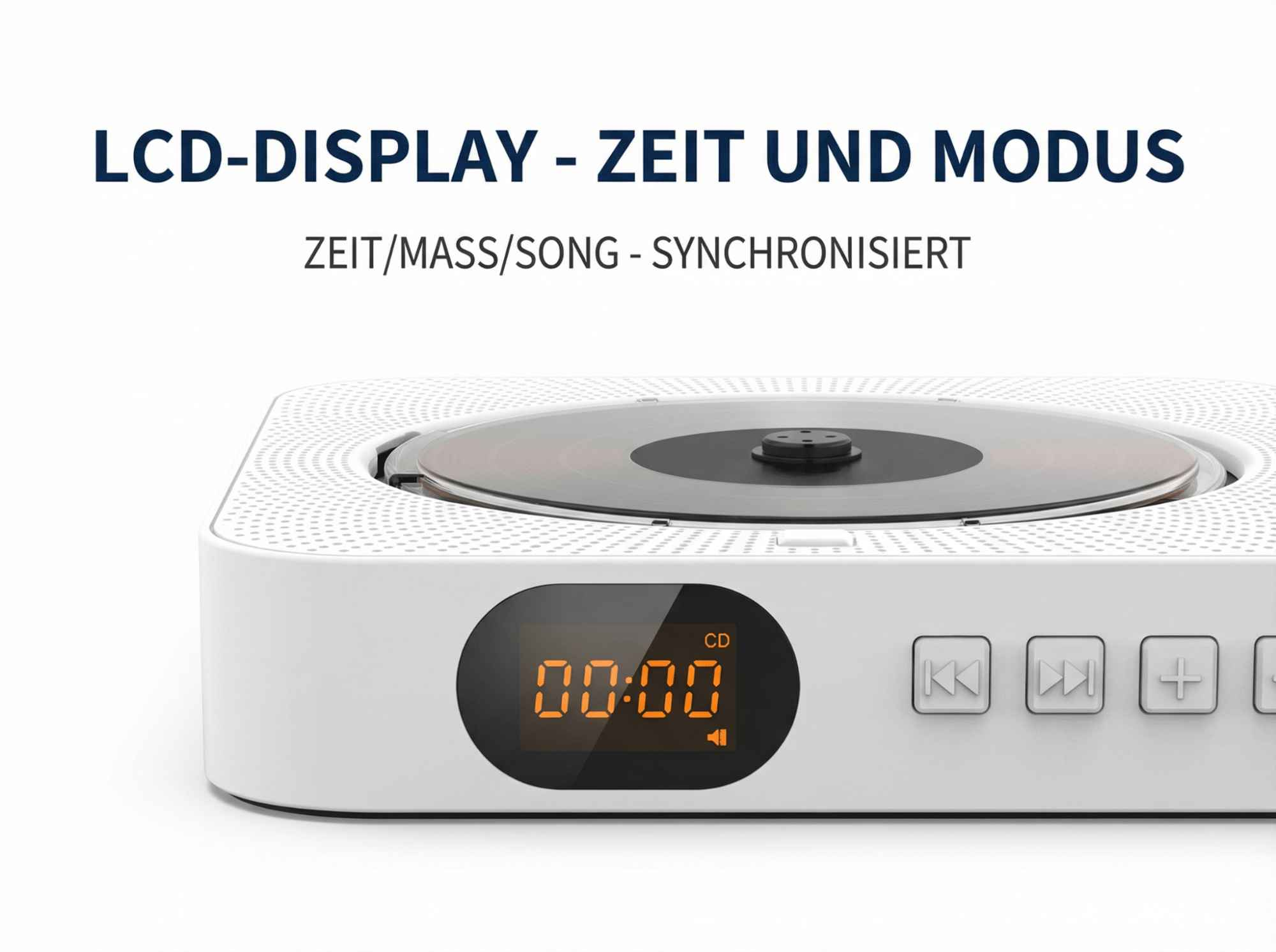 Weiße CD-Player mit LCD-Anzeige zeigt 00:00. Steuerungstasten sind sichtbar.