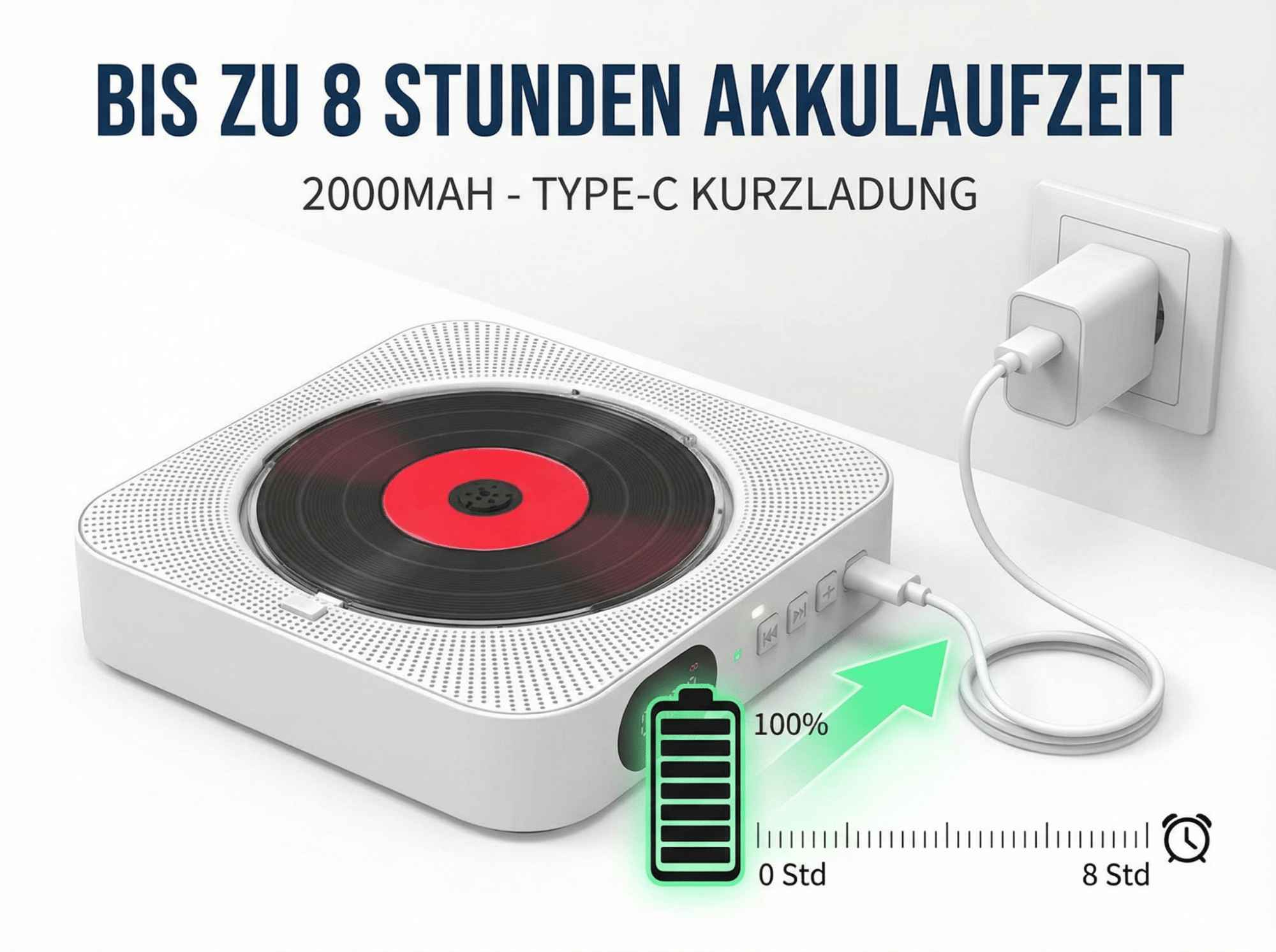 Weißer CD-Player mit schwarzer Schallplatte, wird per USB-C geladen.