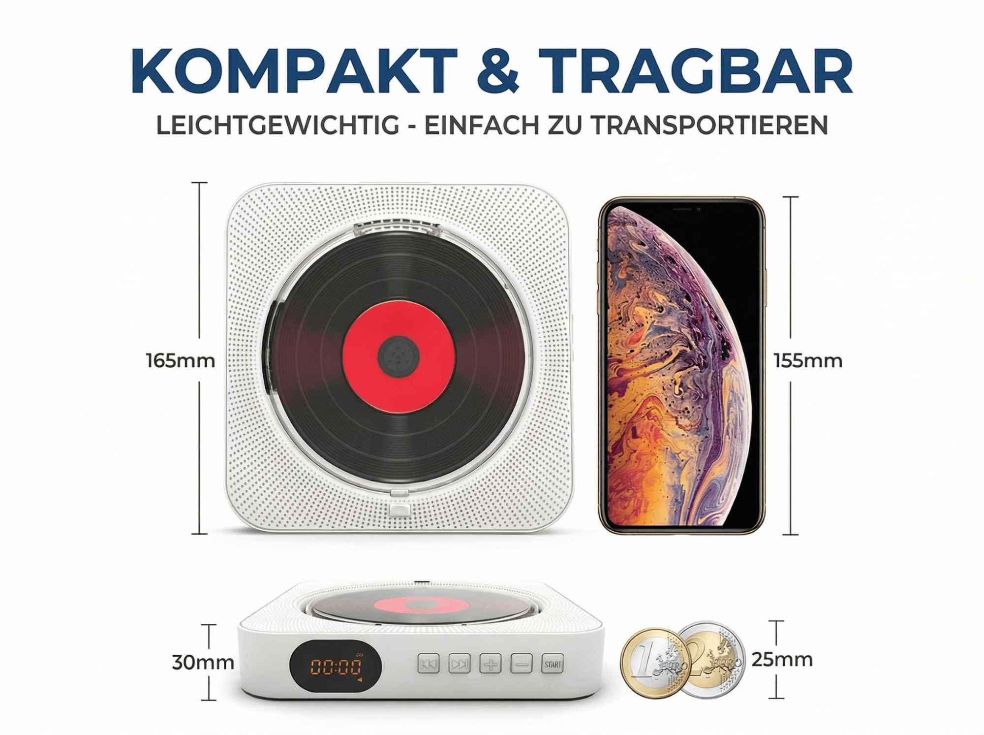 Kompakter CD-Player, Smartphone und Münzen im Größenvergleich.