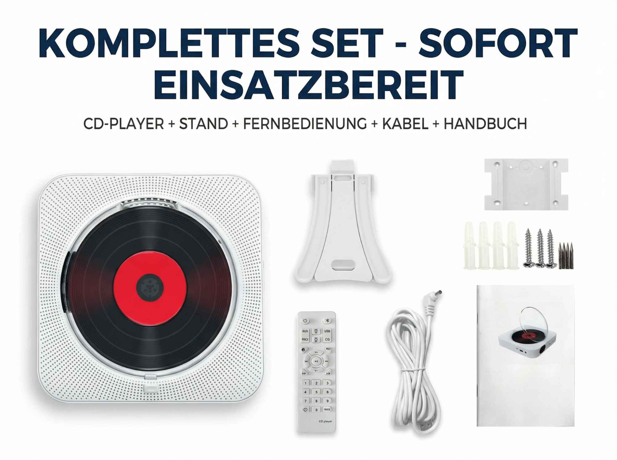 Ein weißer CD-Player mit Fernbedienung, Ständer, Kabel, Schrauben und Handbuch.