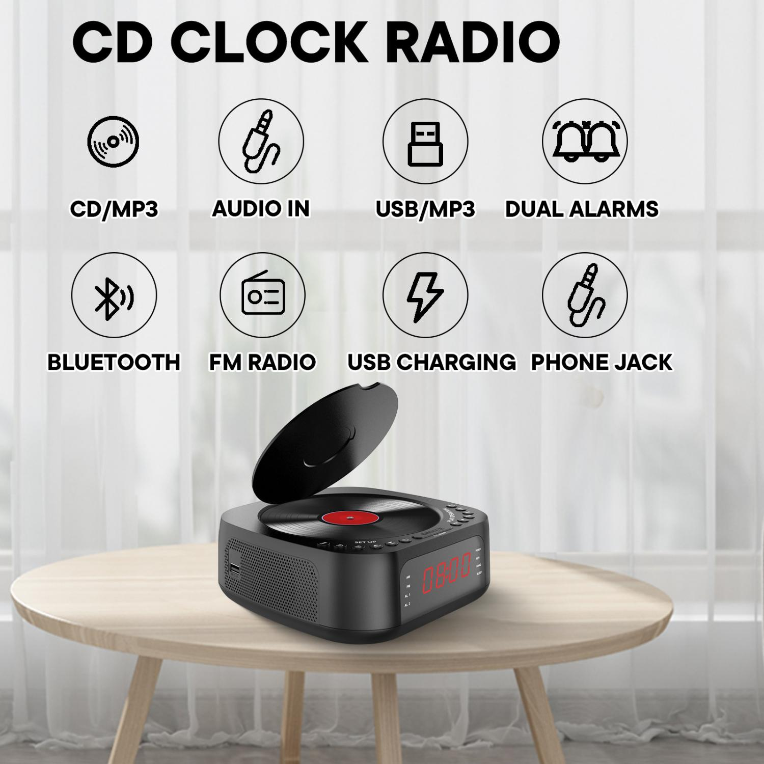 CD-Uhrenradio mit CD/MP3, Audio In, USB/MP3, Dual Alarms, Bluetooth, FM.