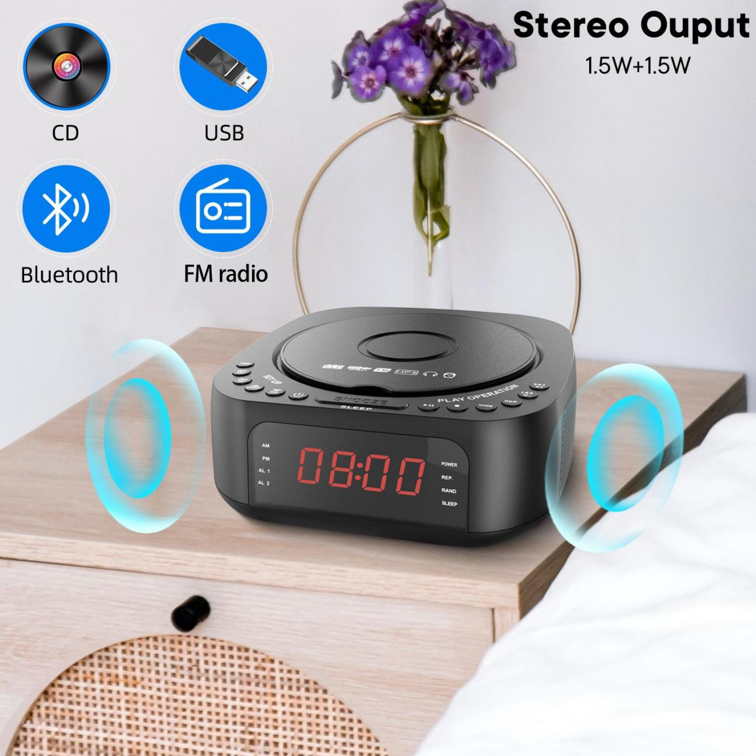 Ein schwarzer CD-Player/Radiowecker mit rotem Display, das 08:00 anzeigt.